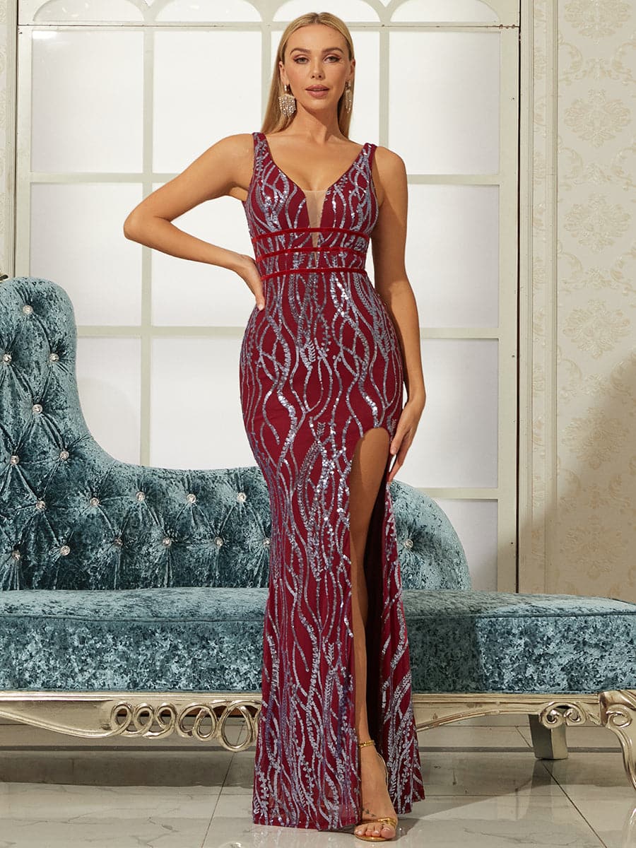 High Slit Backless Sequins Maxi Prom Dress XH1586