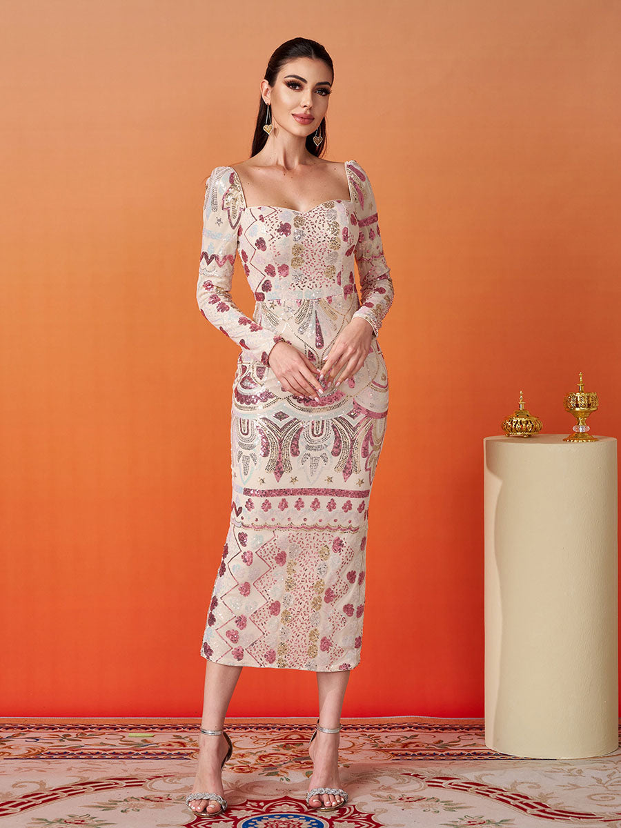 Square Neck Long Sleeve Split Sequin Dress RM20830 - MISS ORD