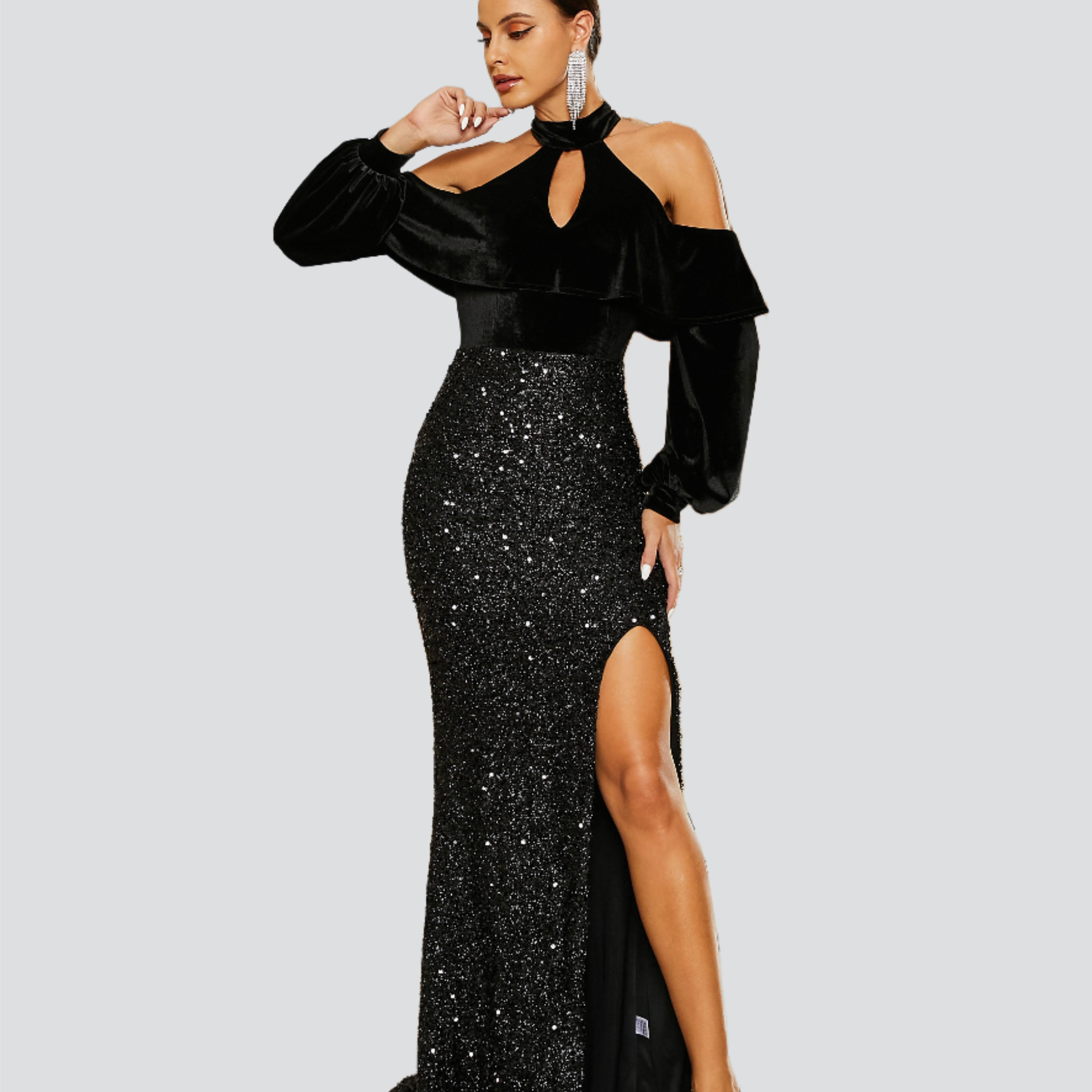 Stand Collar Cutout Black Sequin Prom Dress RA60267
