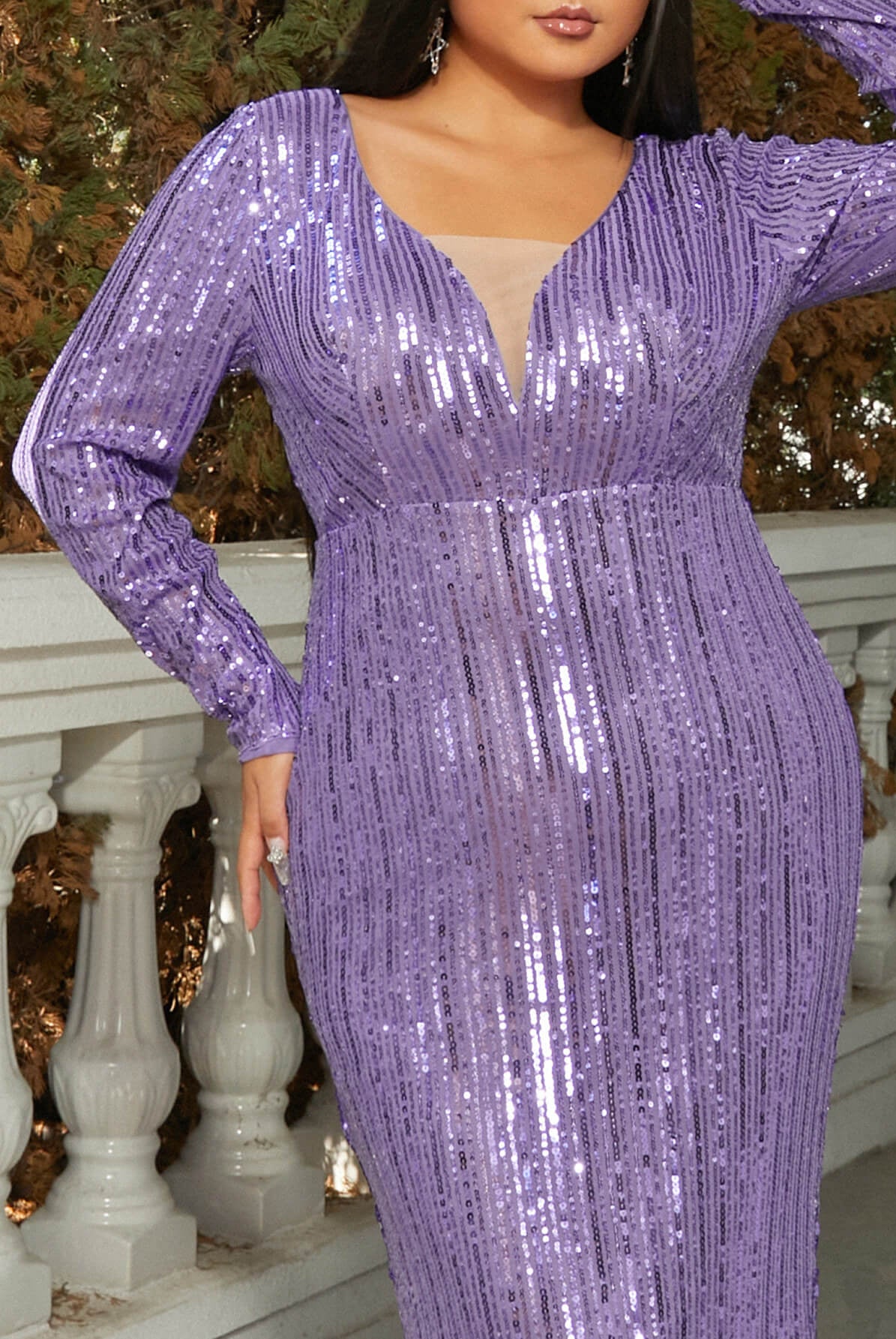 MISSORD Plus Size V-neck Mermaid Sequin Purple Prom Dress