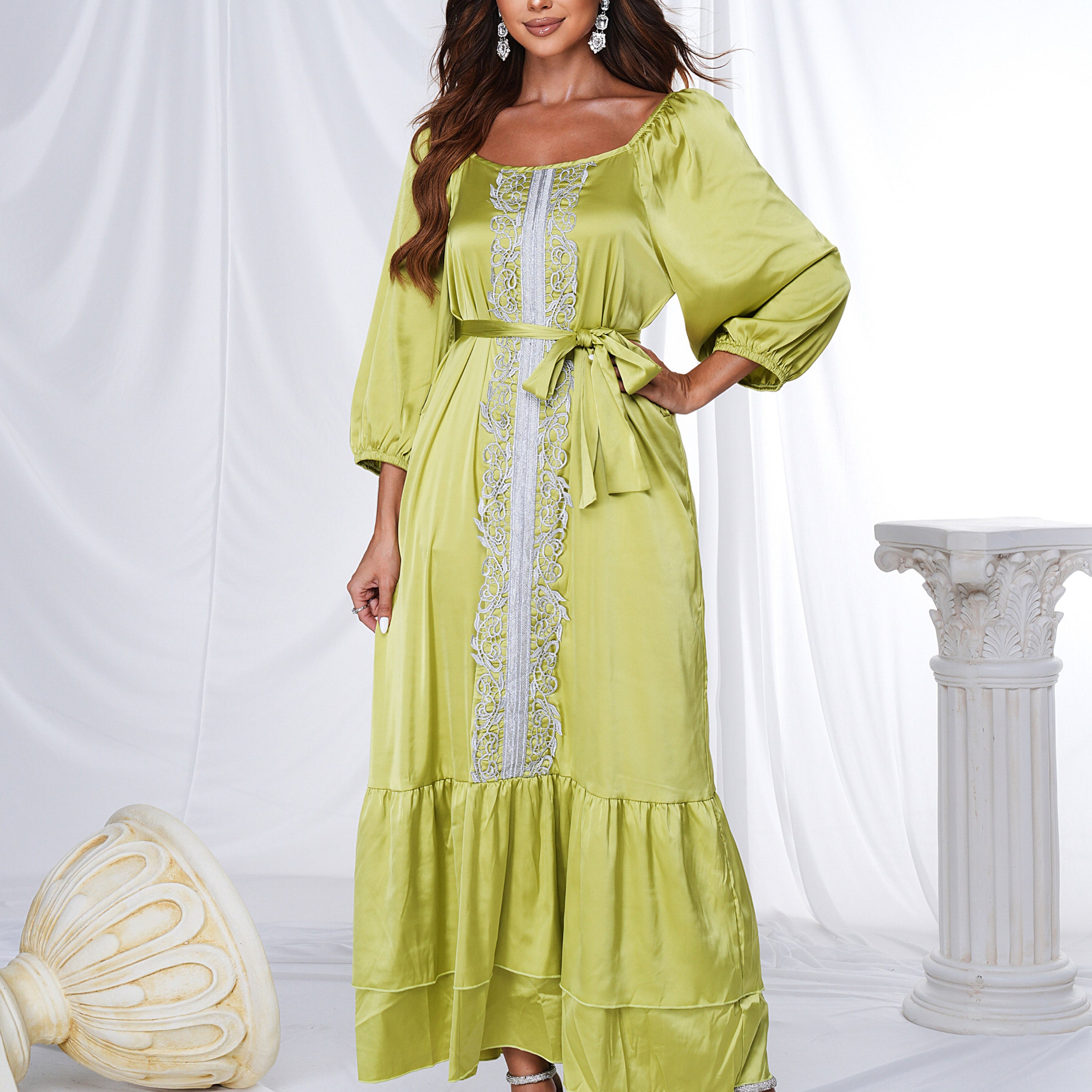 Embroidered Satin Ruffled Loose Dress ME00196