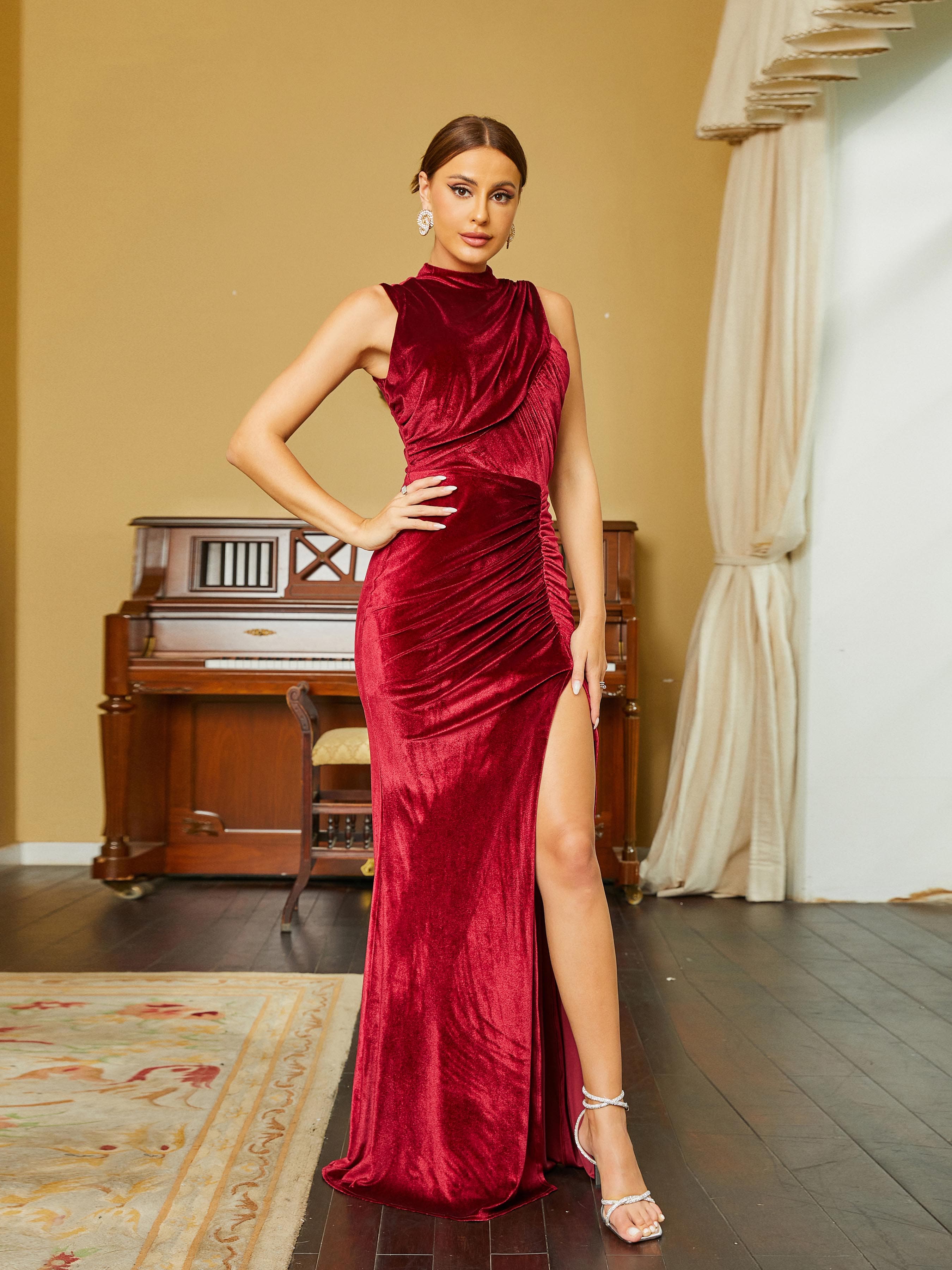 Sleeveless Stand Collar Ruched Velvet Wine Prom Dress