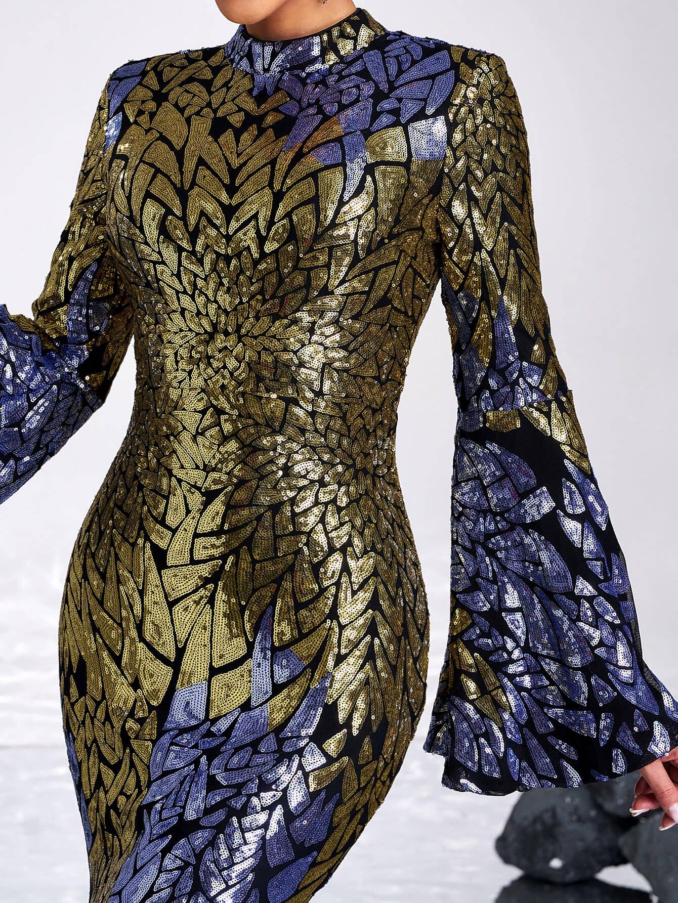 Backless Bell Sleeve Sequin Formal Dress XH2425 - MISS ORD