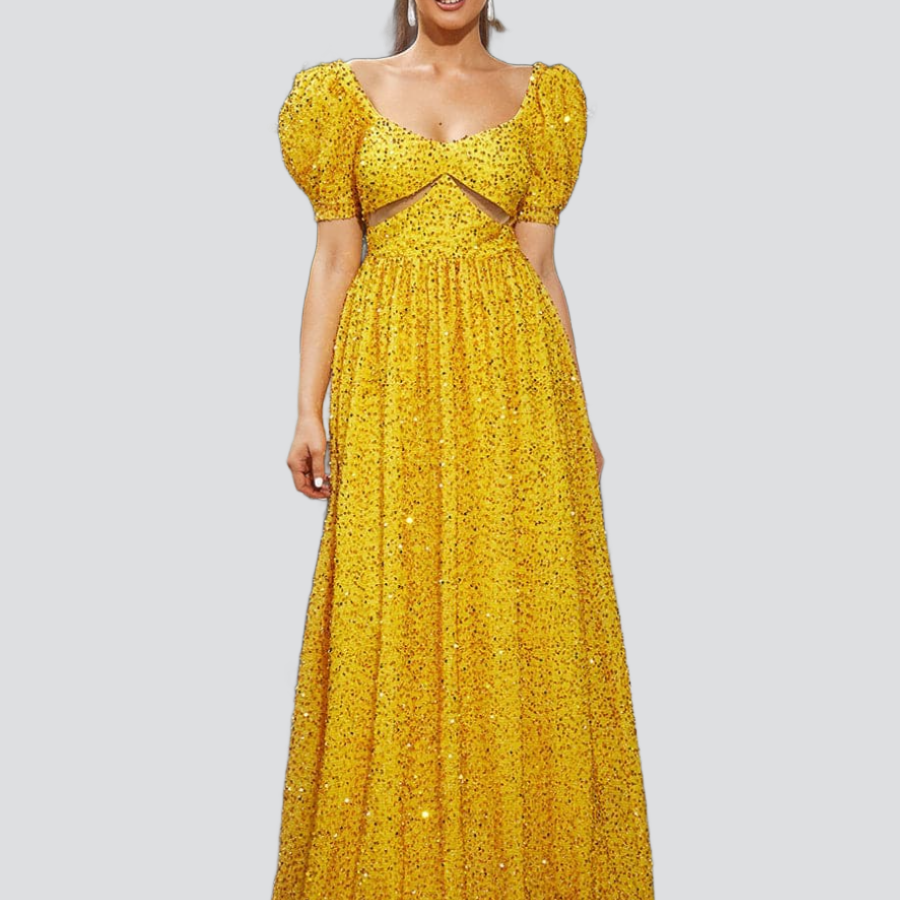 Cutout High Waist Sequin Maxi Yellow Evening Dress XJ1881
