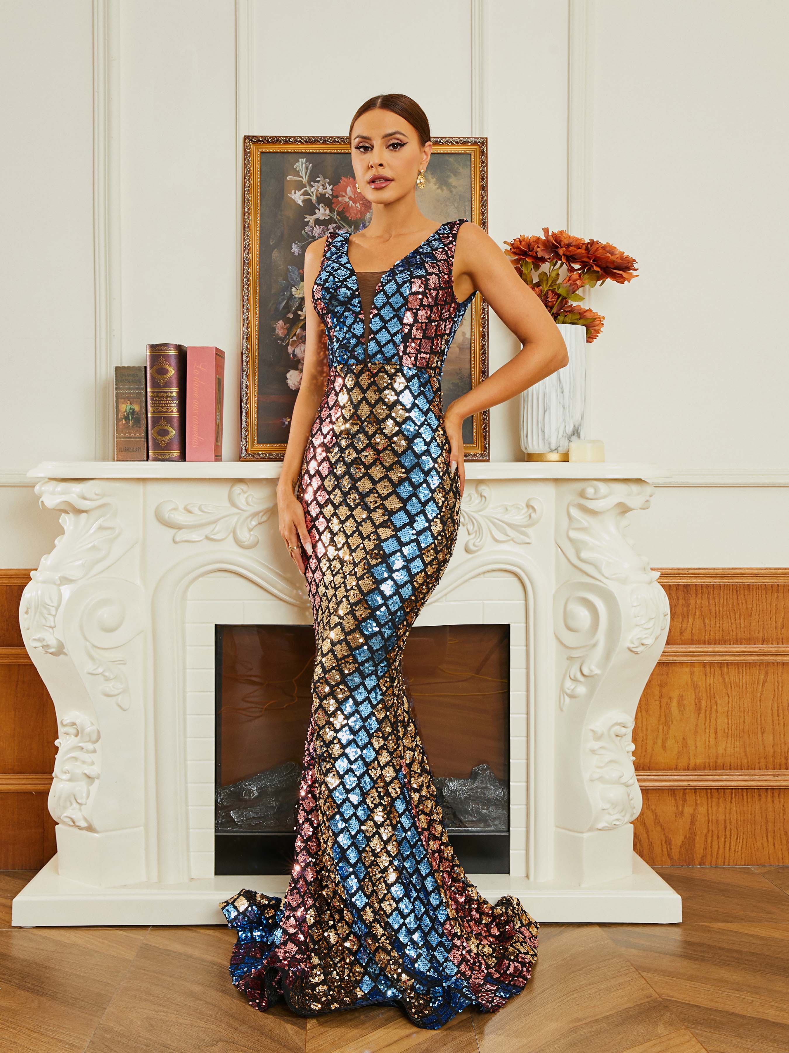 V-Neck Backless Mermaid Sleeveless Sequin Evening Dress RM20623