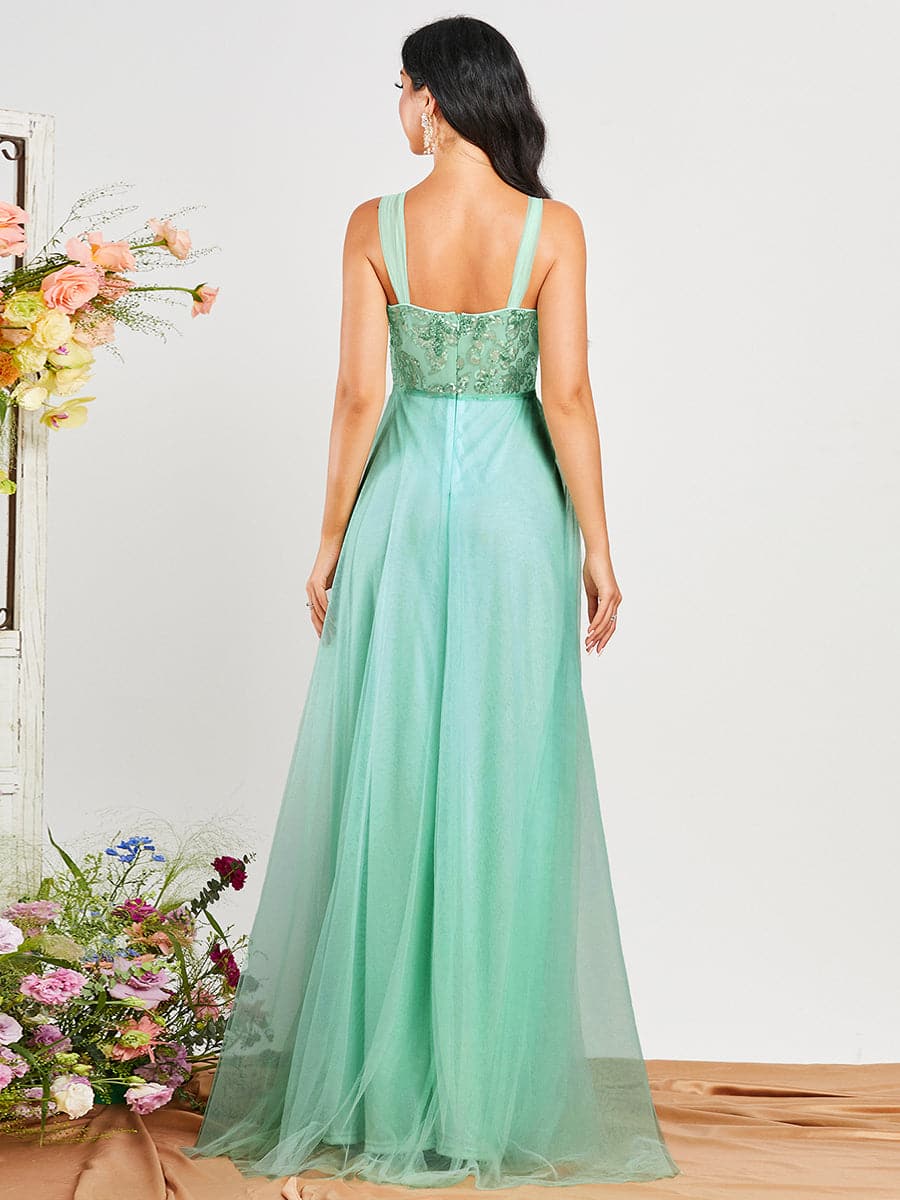 A-Line Panel Deep V Neck Tulle Green Prom Dress