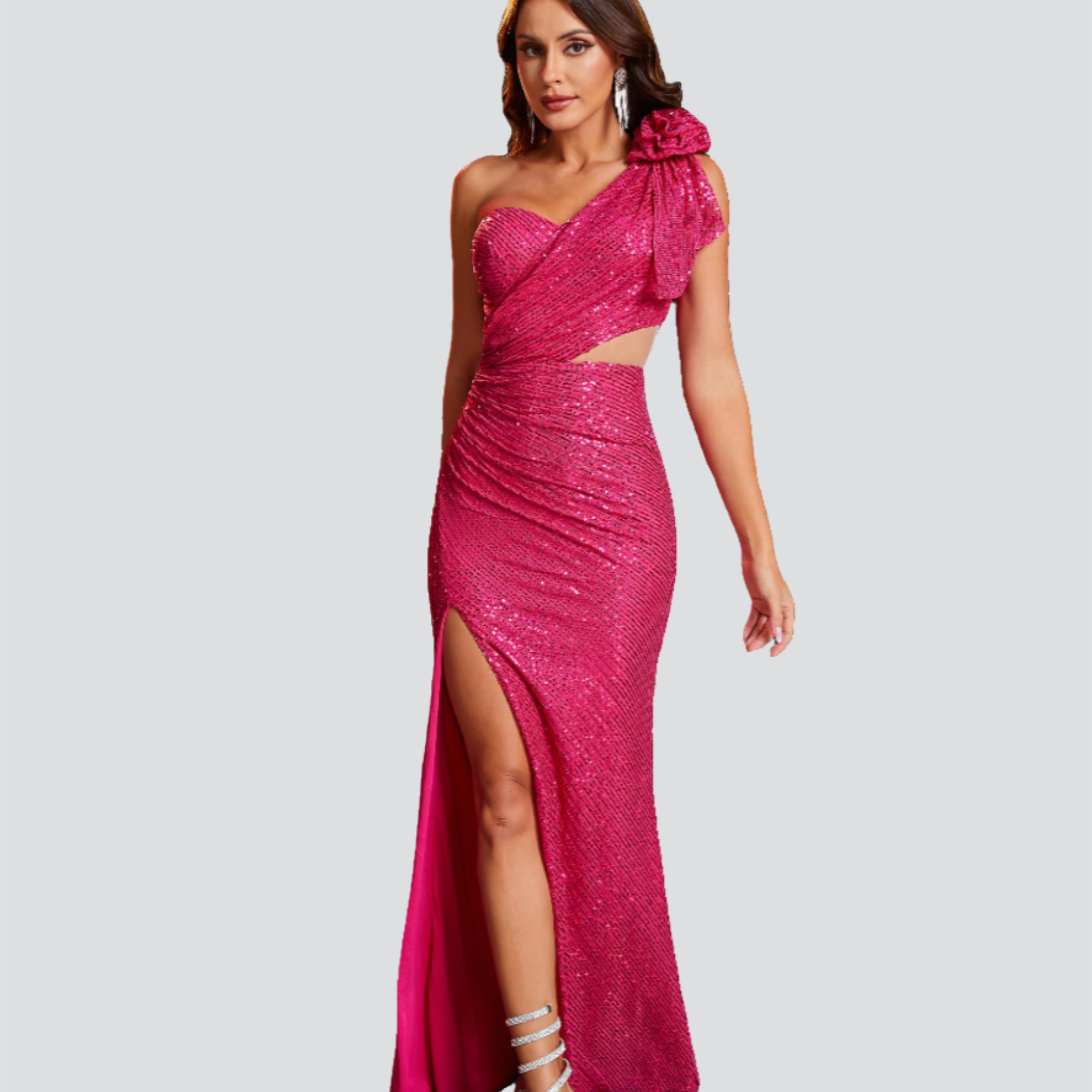 One Shoulder Appliqued Red Sequin Prom Dress RM20848