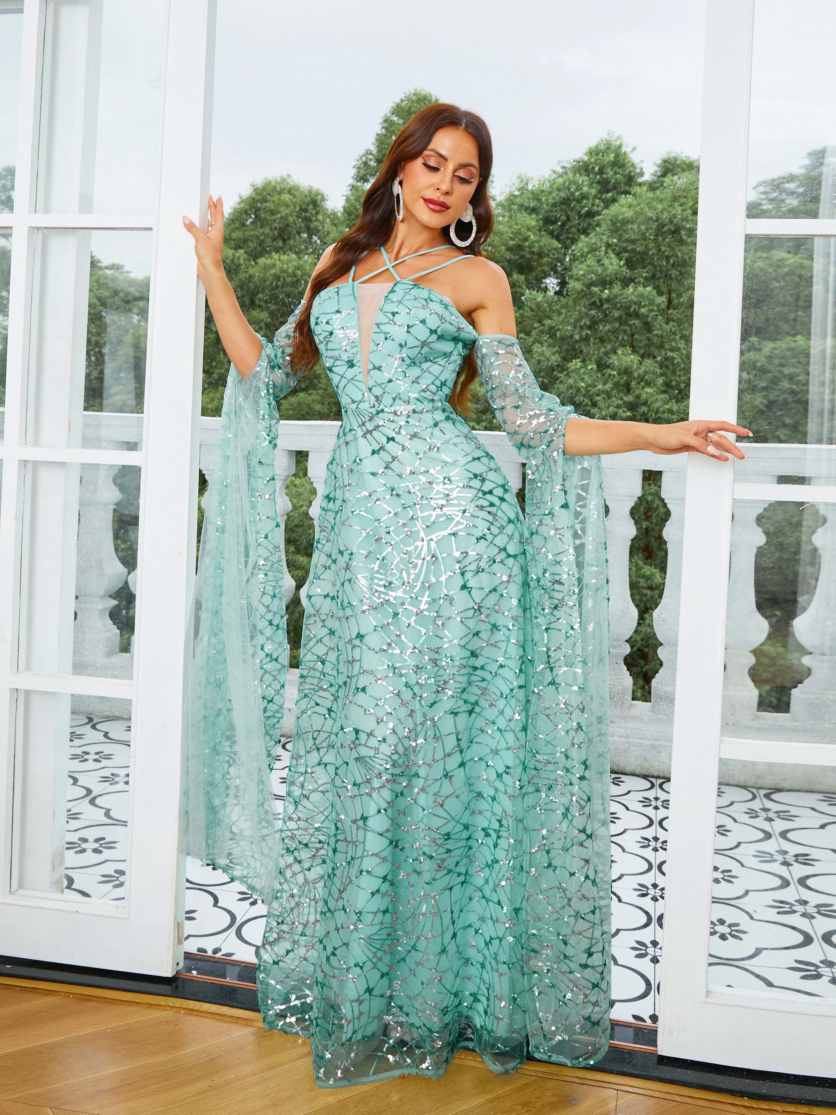 MISSORD Graphic Off Shoulder Sequin Green Prom Dress