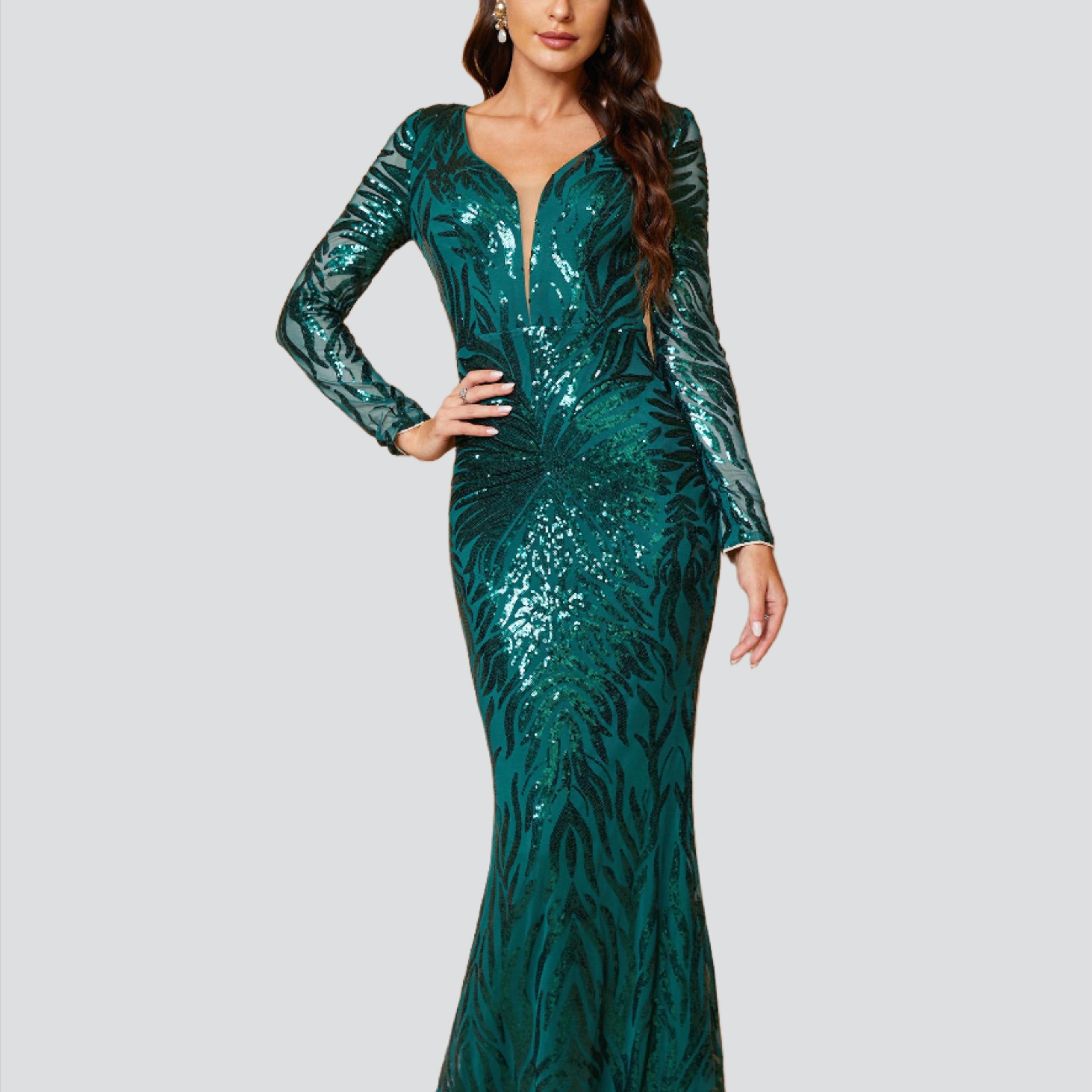 Long Sleeve Graphic Sequin Prom Dress XJ2109