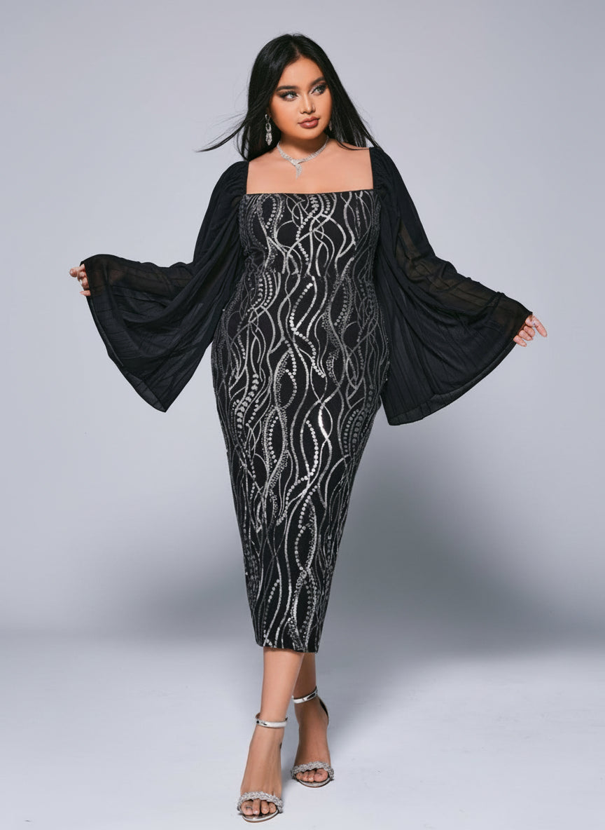 Plus Panel Sleeve Sequin Midi Dress PRH308028