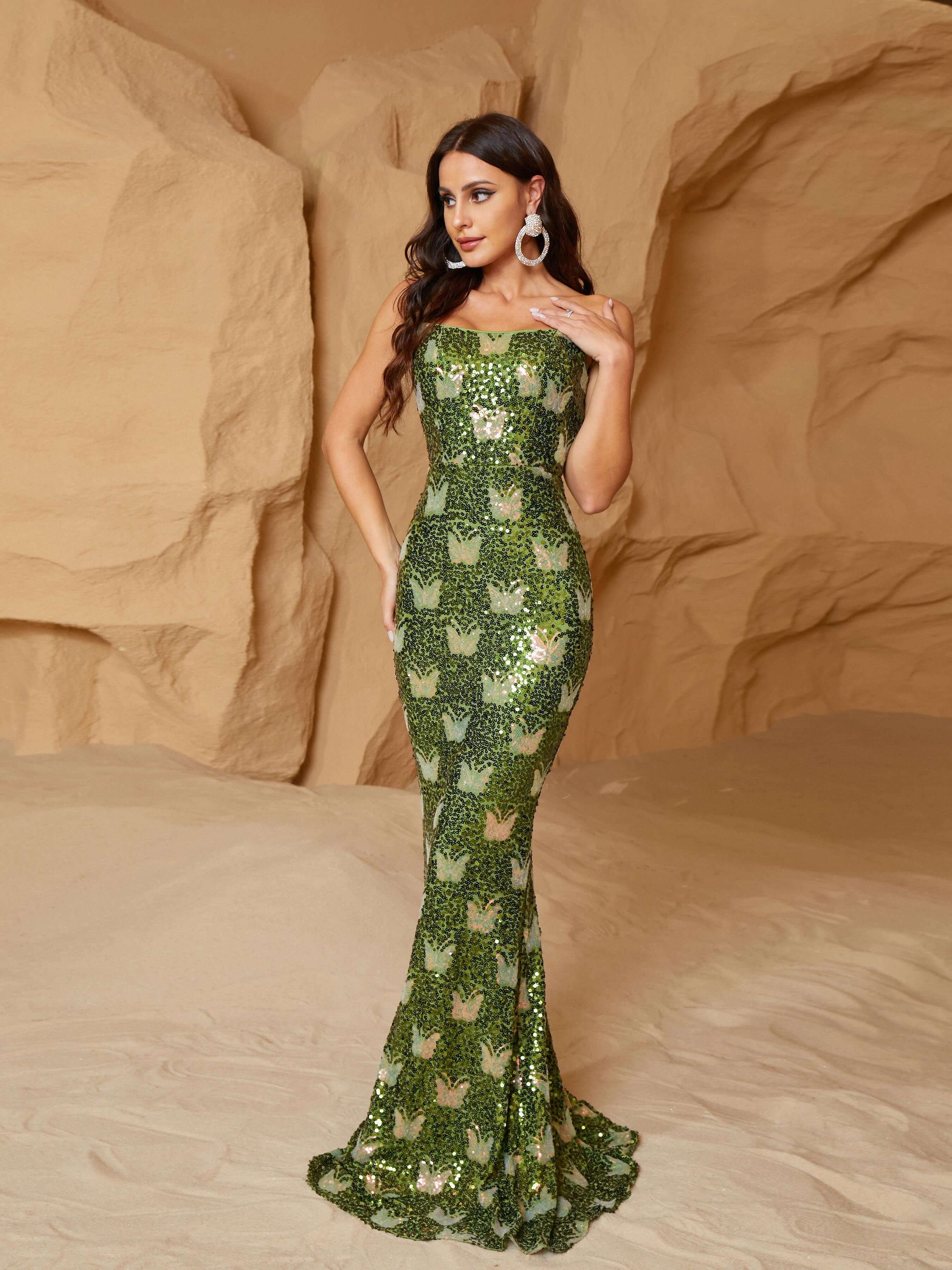 MISSORD Tube Top Backless Green Sequin Prom Dress