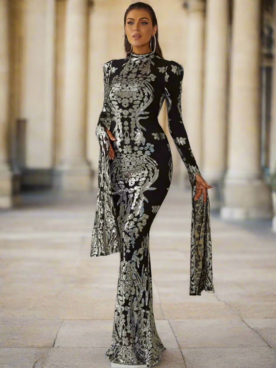 Stand Collar Long Sleeve Mermaid Sequin Prom Dress XJ1262