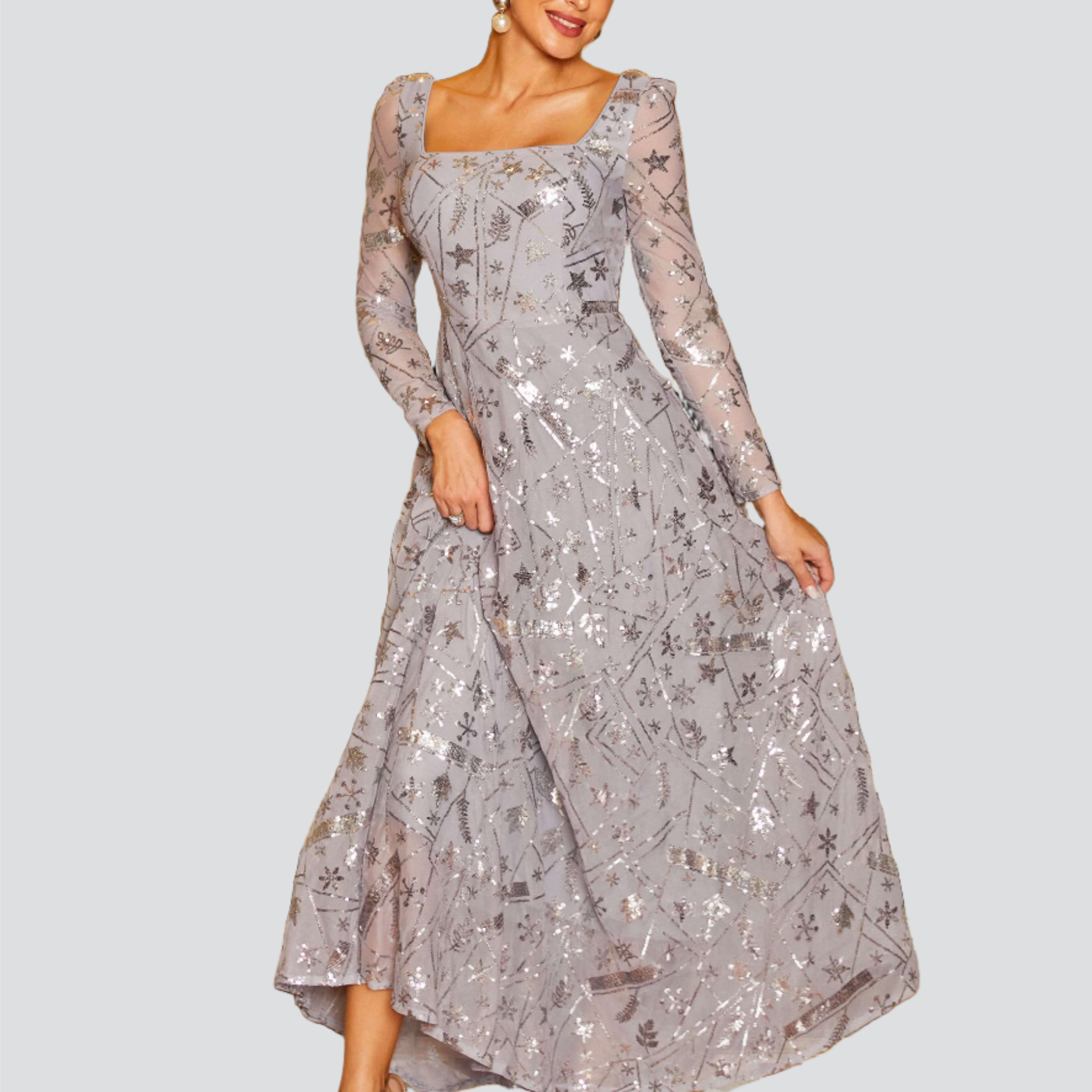Square Neck A-line Print Sequin Grey Prom Dress RJ11097