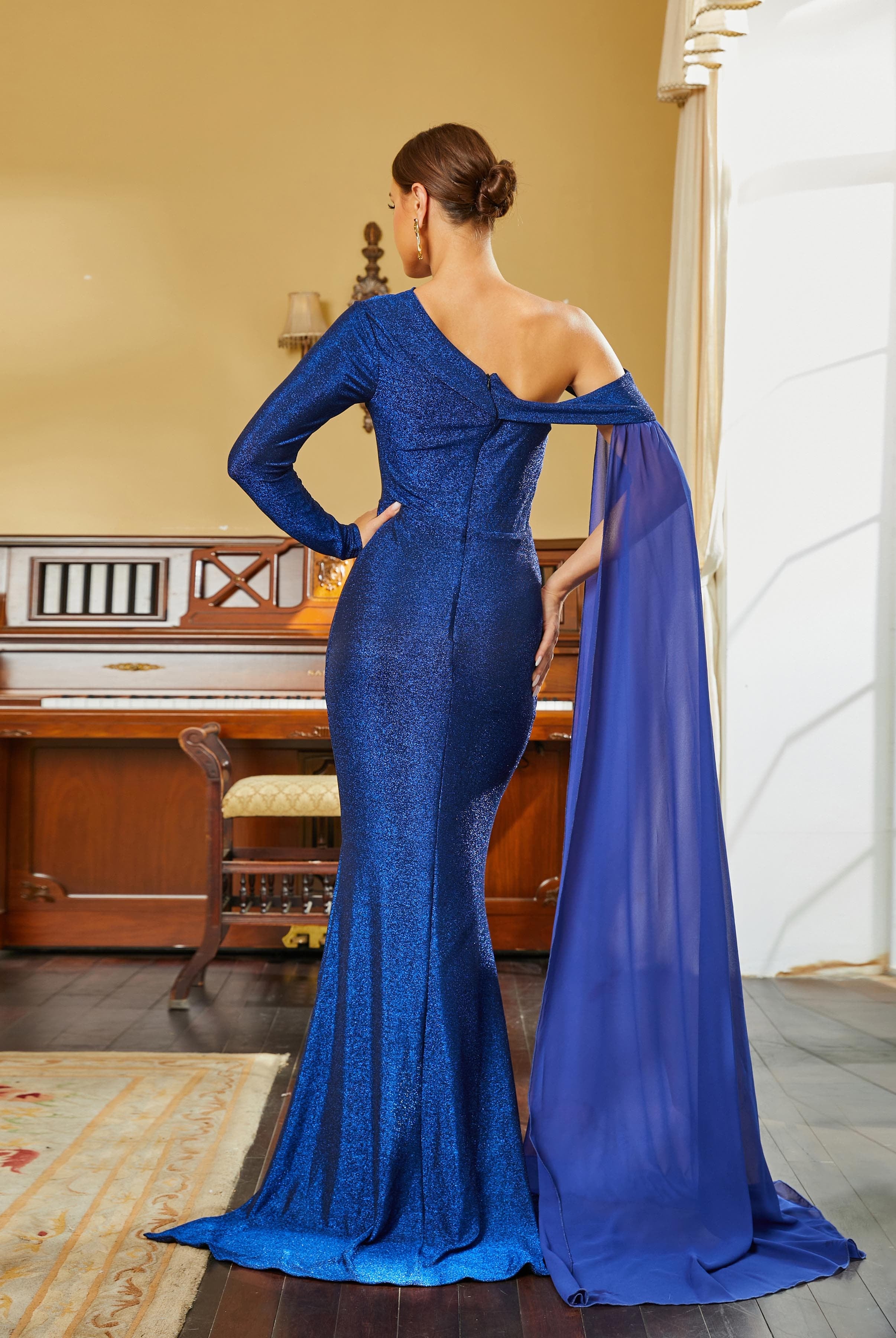 One Shoulder Long Sleeve Draped Blue Prom Dress RH30556