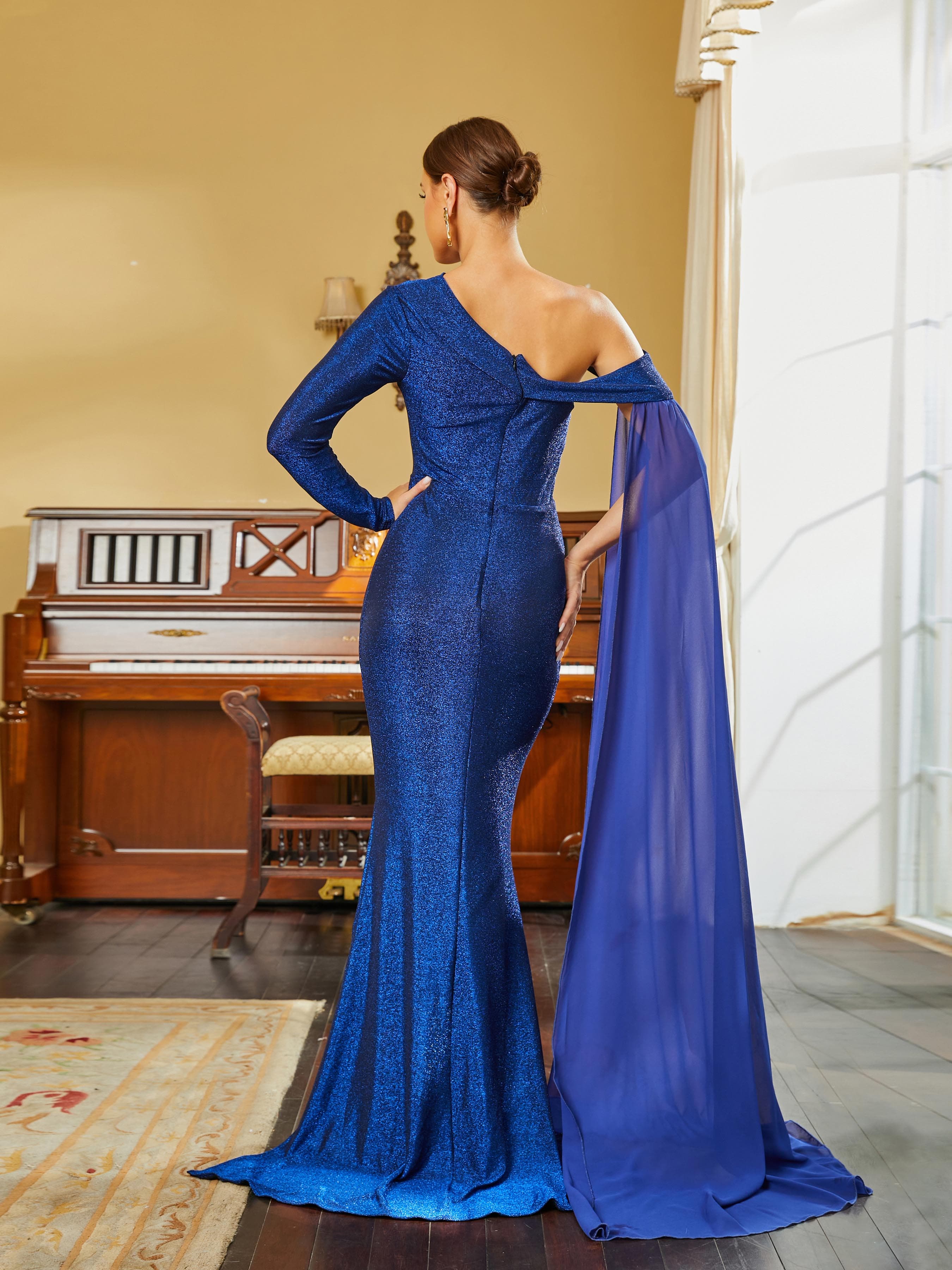 One Shoulder Long Sleeve Draped Blue Prom Dress