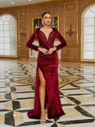 High Split Long Sleeve Wine Velvet Evening Dress
