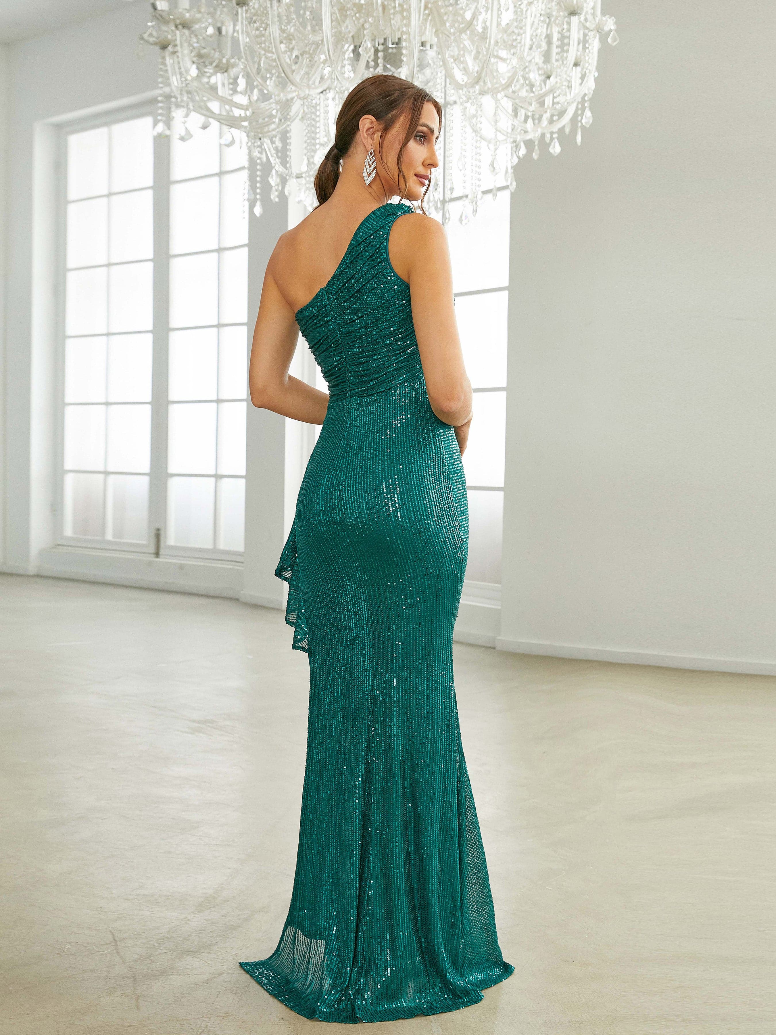 One Shoulder Ruched Emerald Green Sequin Prom Dress RA60005