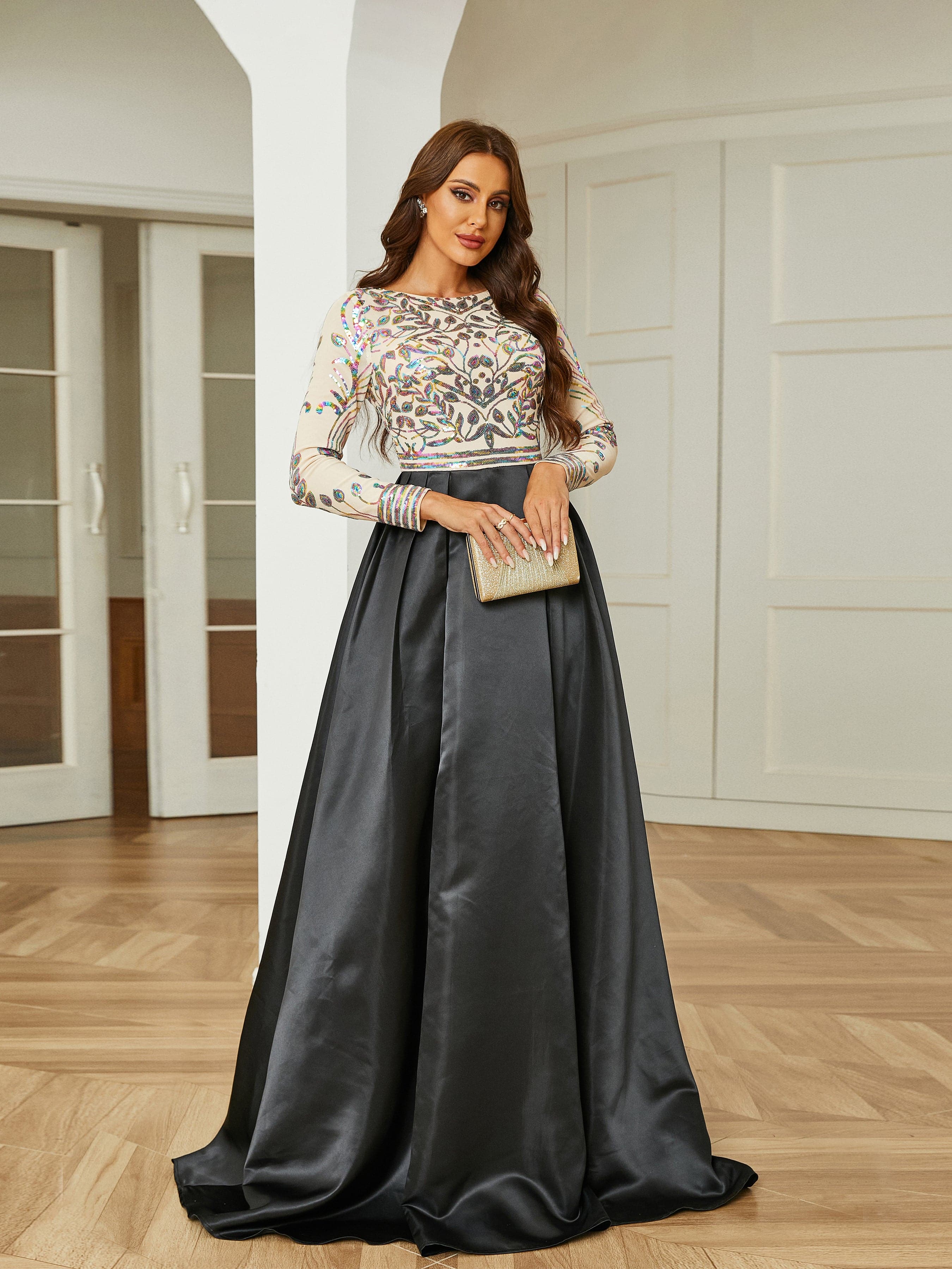 Formal A-Line Satin Panel Black Ball Gown RM20428