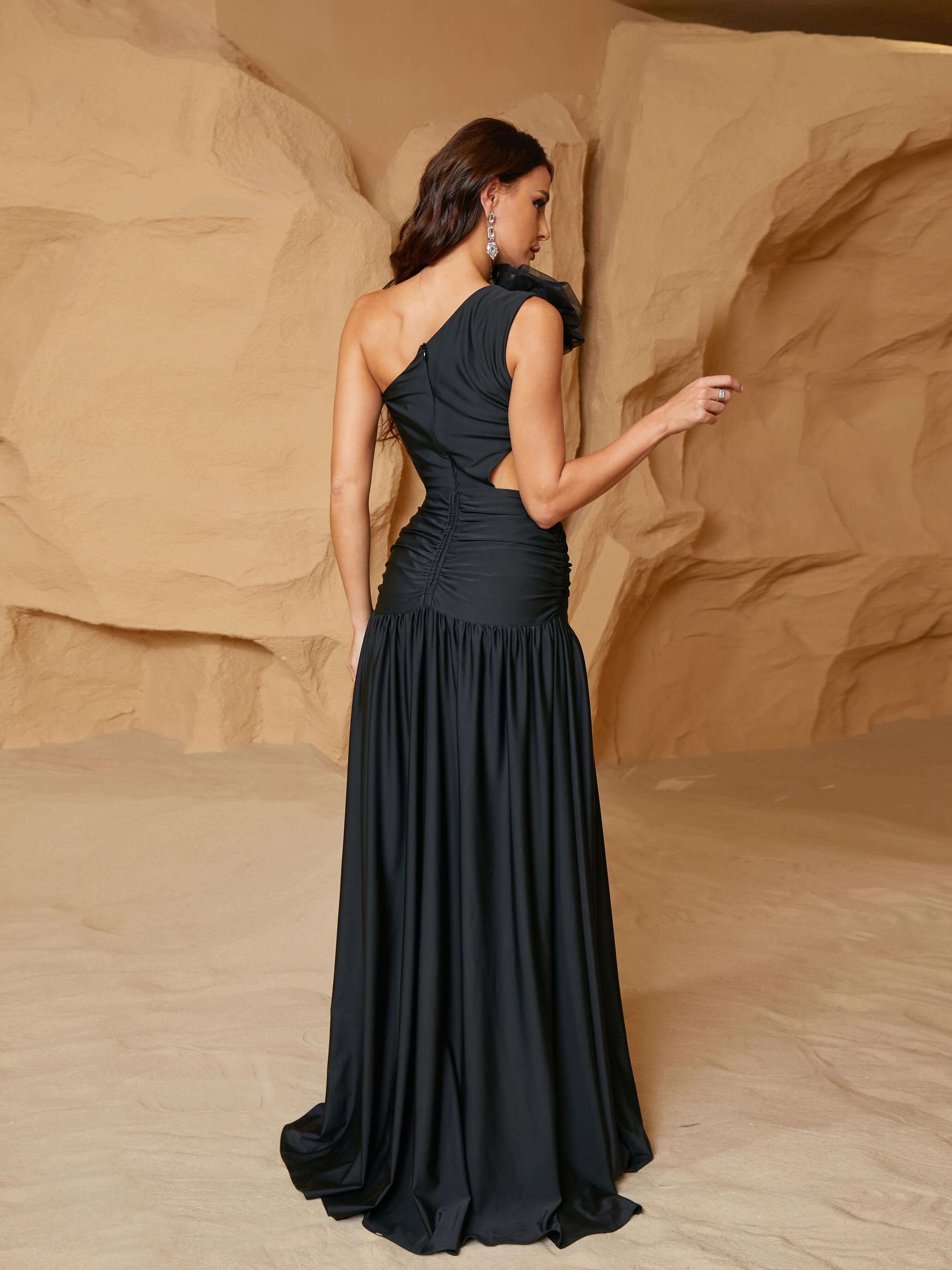 MISSORD One Shoulder Appliqued Pleated Cutout Prom Dress