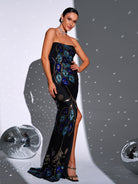 Tube Top High Split Black Sequin Gown RM21509