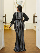MISSORD Plus Size Stripe Lantern Sleeve Sequin Prom Dress