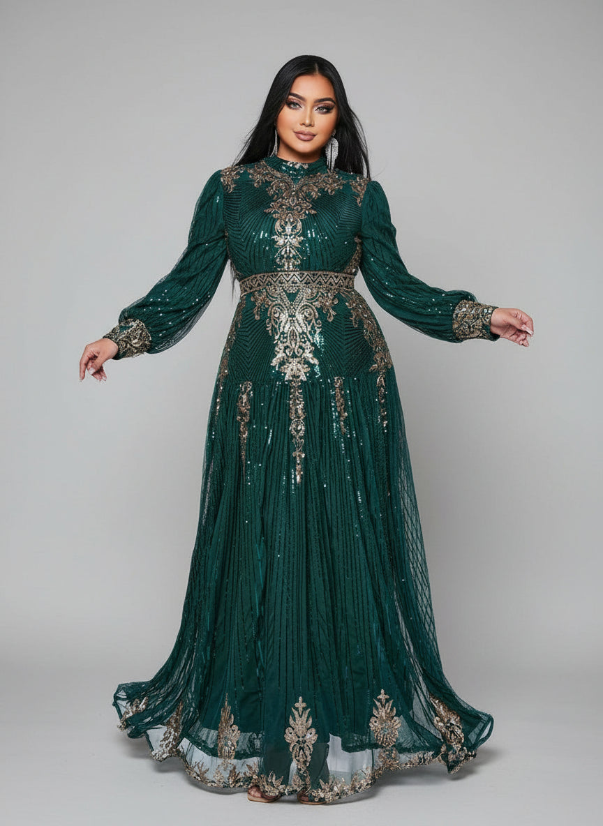 Plus Stand Collar Sequin A-line Dress PMES00341 - Green / 3XL Plus Stand Collar Sequin A-line Dress PMES00341 - Green / 3XL