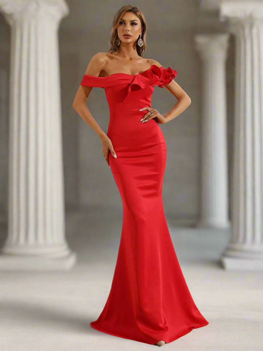 Ruffled Off-Shoulder Red Mermaid Gown M01947 - MISS ORD