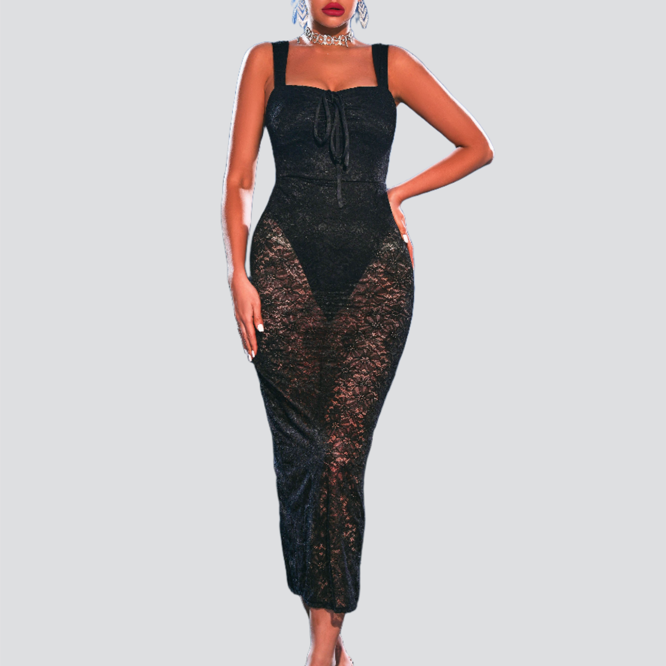 See-through Lace Backless Black Midi Dress