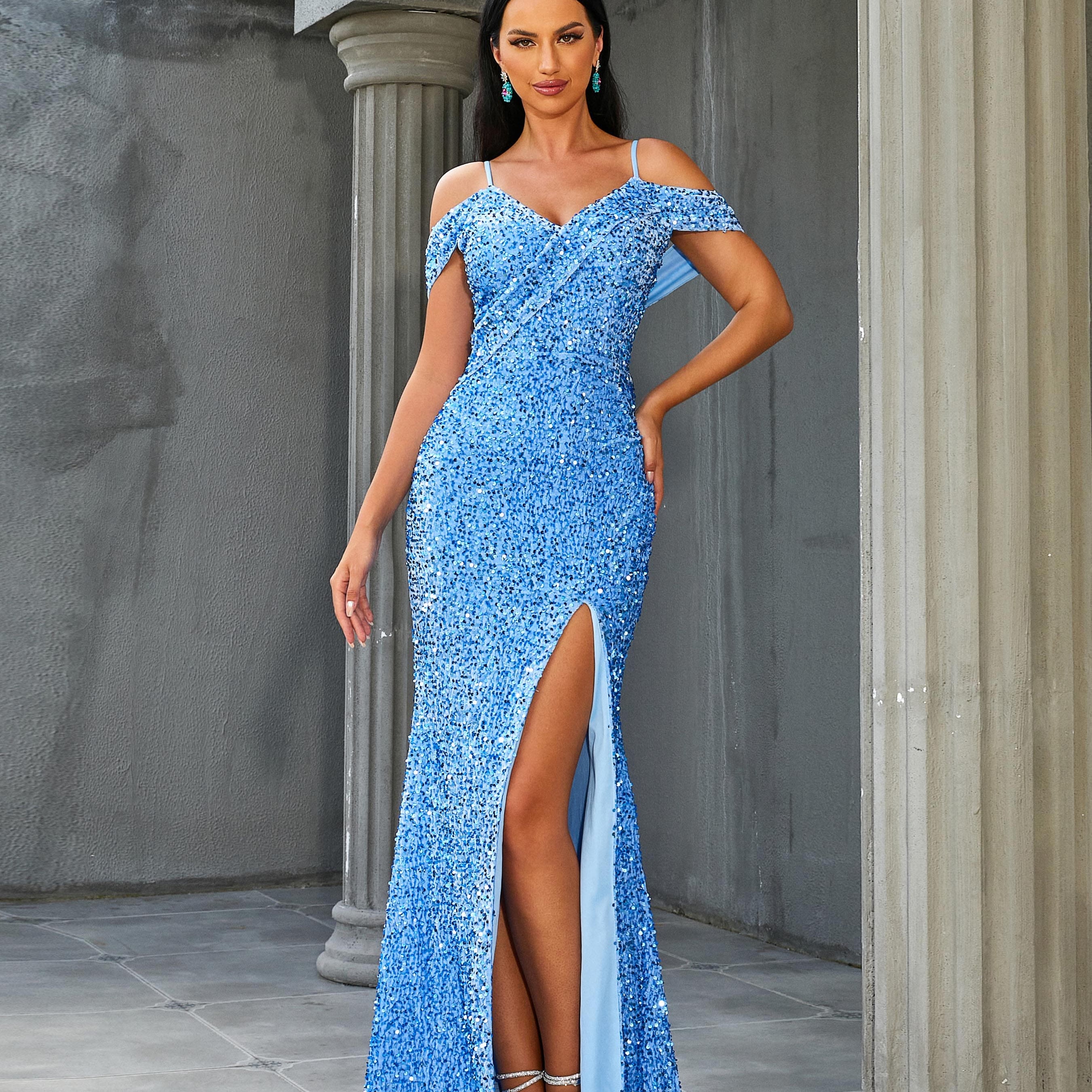 Cold Shoulder Blue Sequin Evening Dress