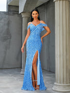 Cold Shoulder Blue Sequin Evening Dress RH30580