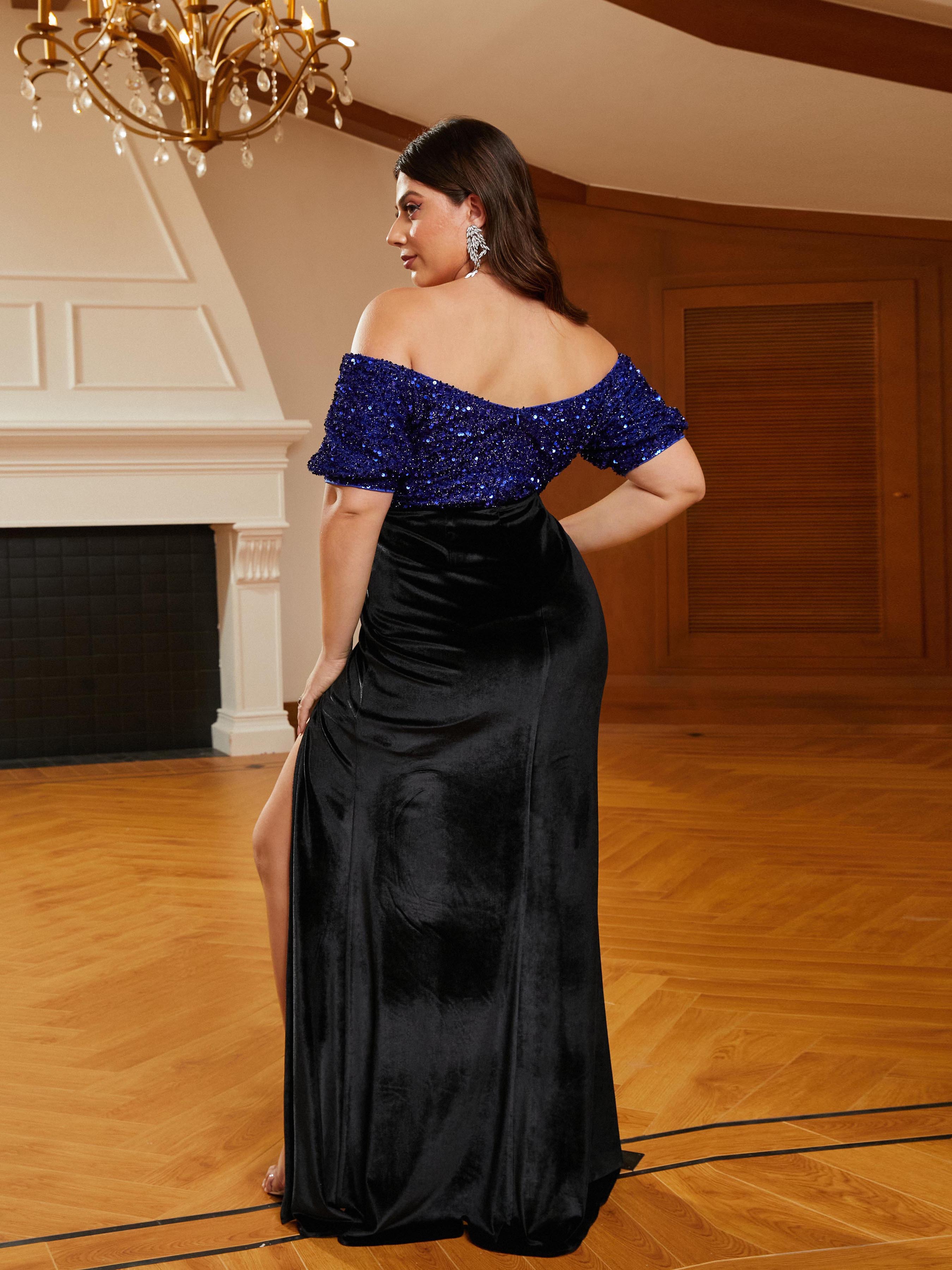 MISSORD Plus Size Off The Shoulder High Split Velvet Black Prom Dress