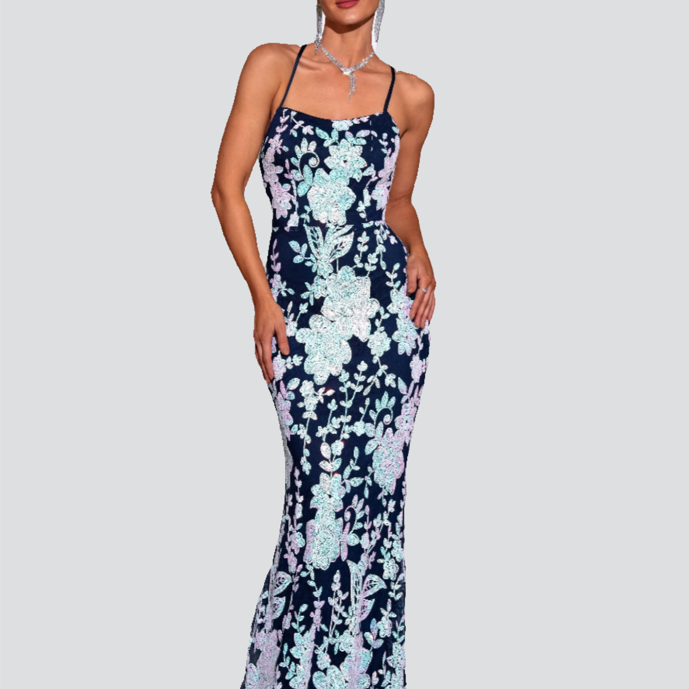 Open Back Lace-up Floral Sequin Dress RM21525
