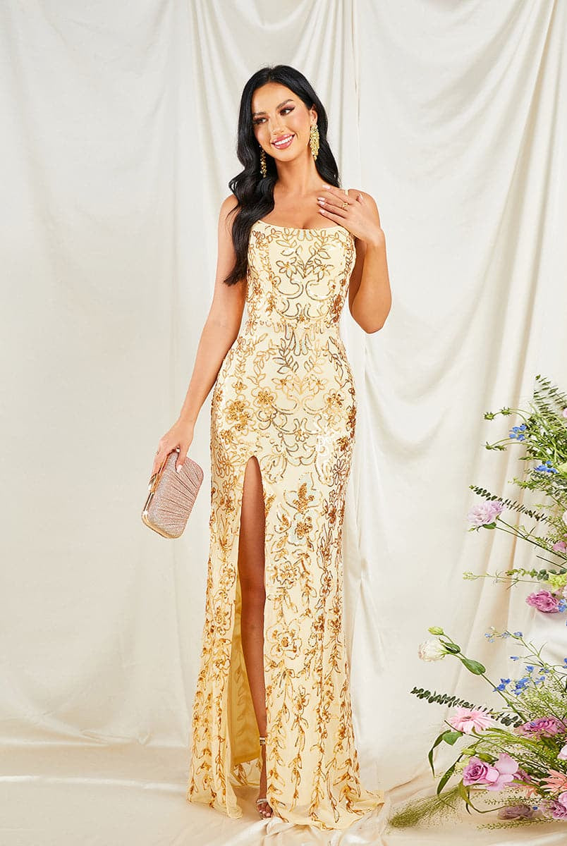 Spaghetti Strap Floral Sequin Gold Prom Dress RM20328