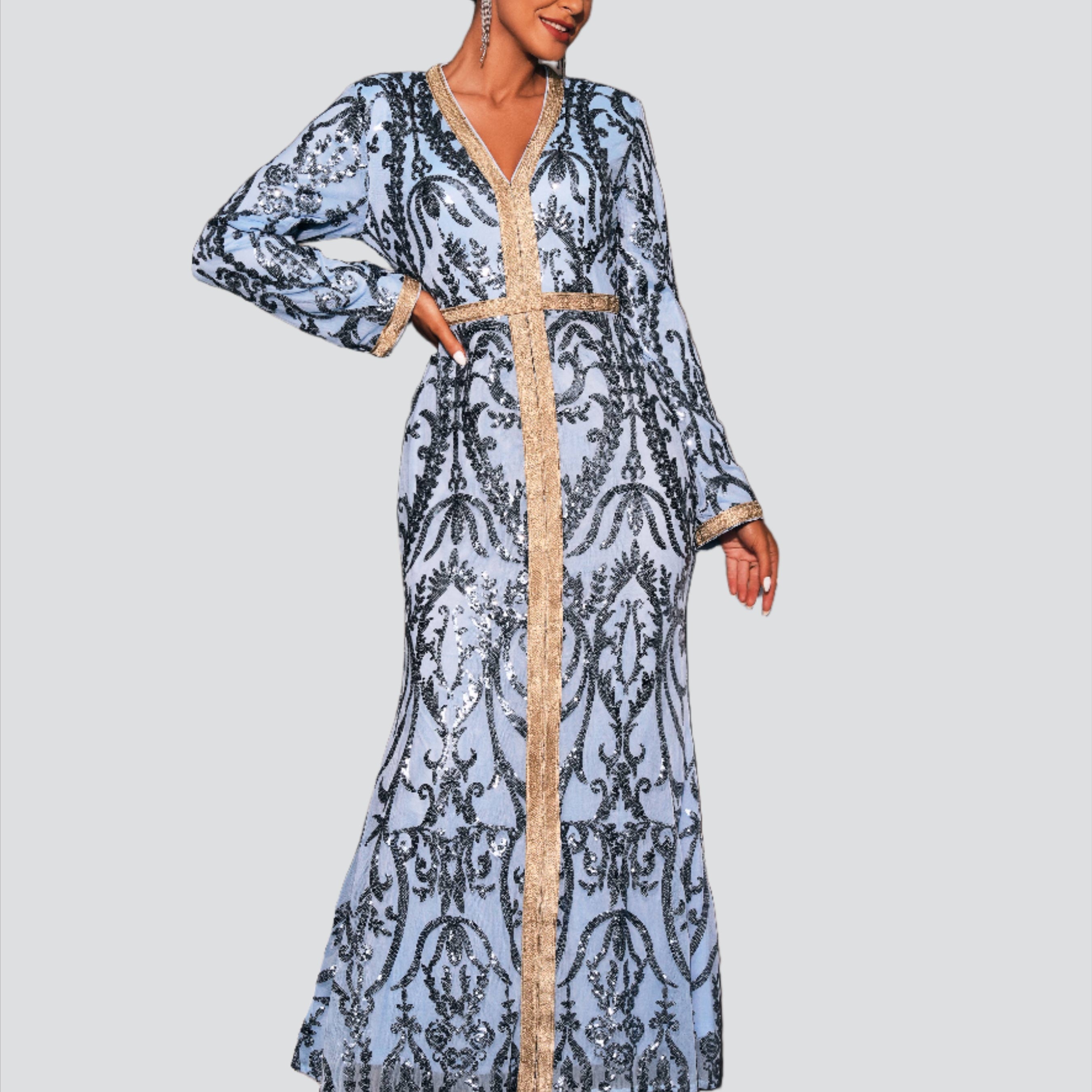 V-neck Long Sleeve Sequin Dress ME00333