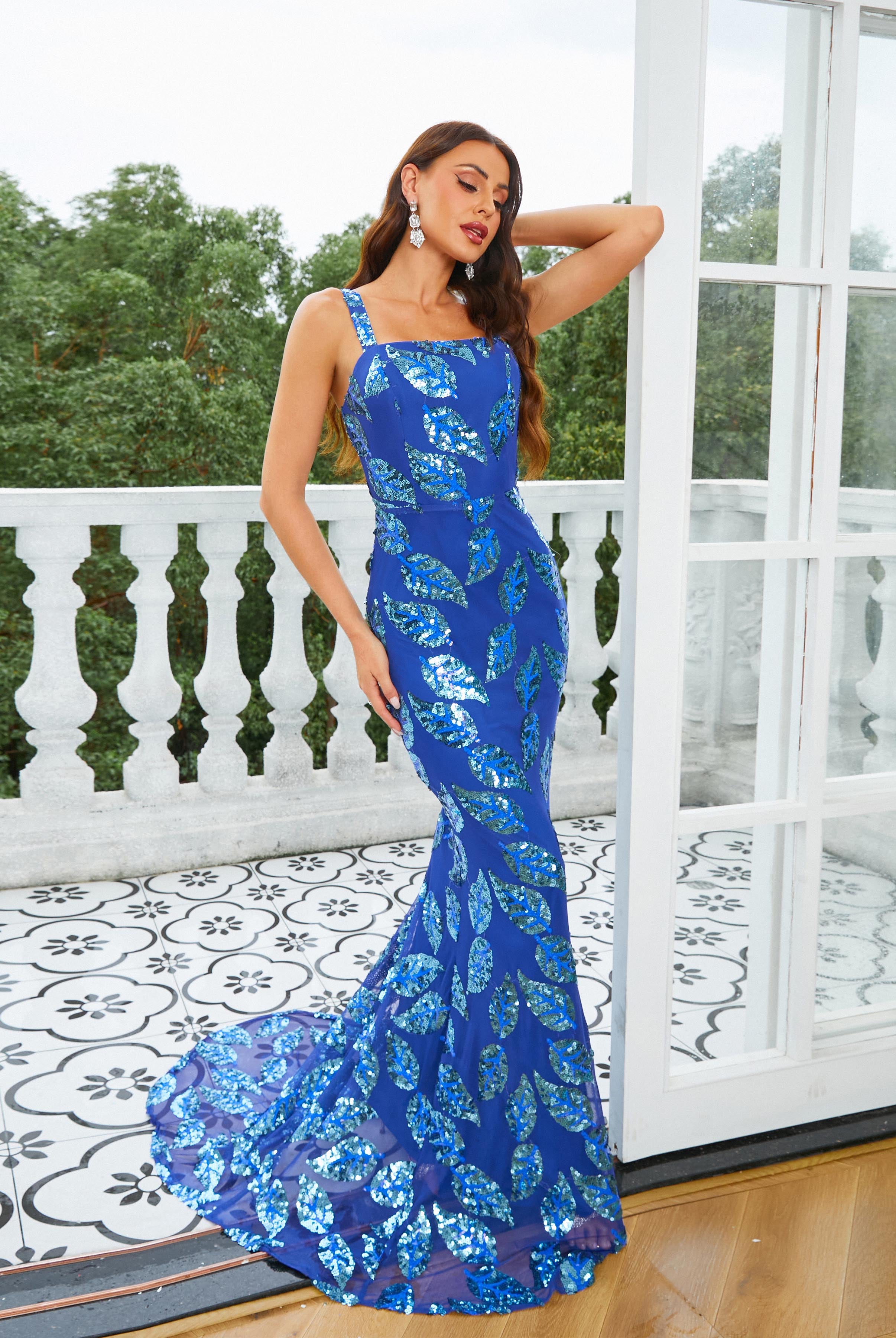 Formal Square Neck Sequin Mermaid Blue Evening Dress RM21009