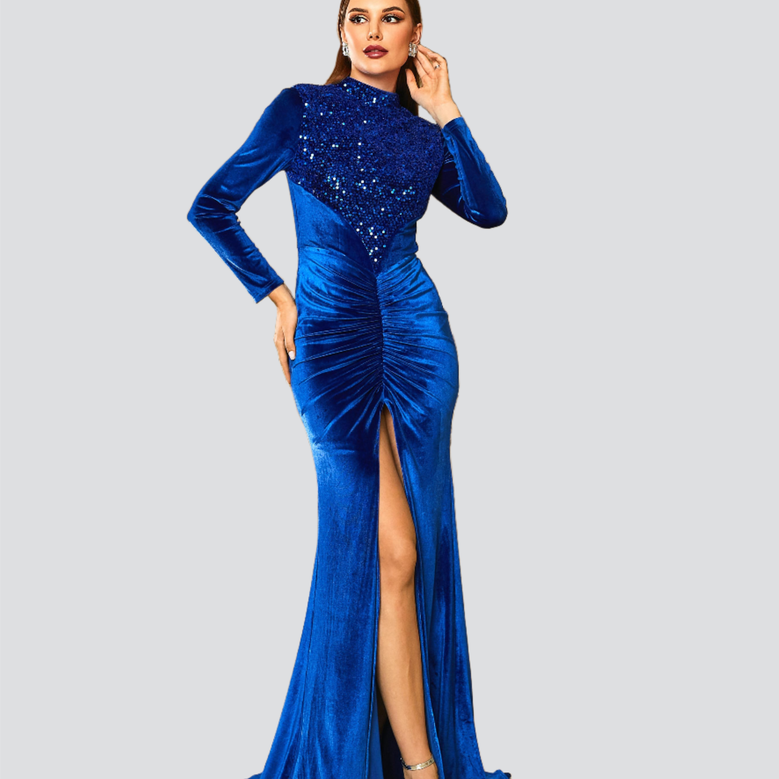 Long Sleeve Velvet Ruched Evening Dress RM20654