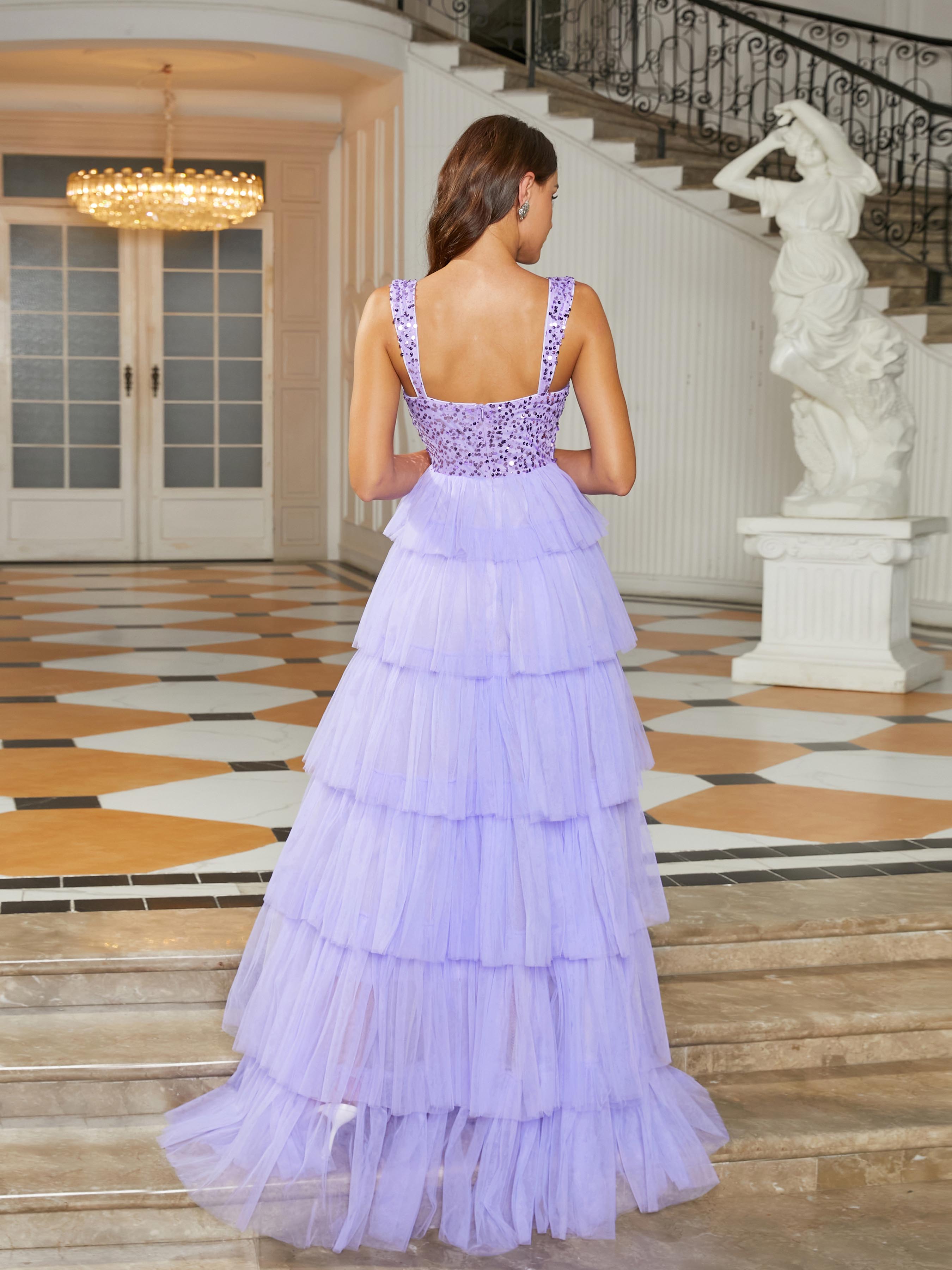 Formal Square Neck A-Line Mesh Purple Ball Gown RJ10686 - MISS ORD
