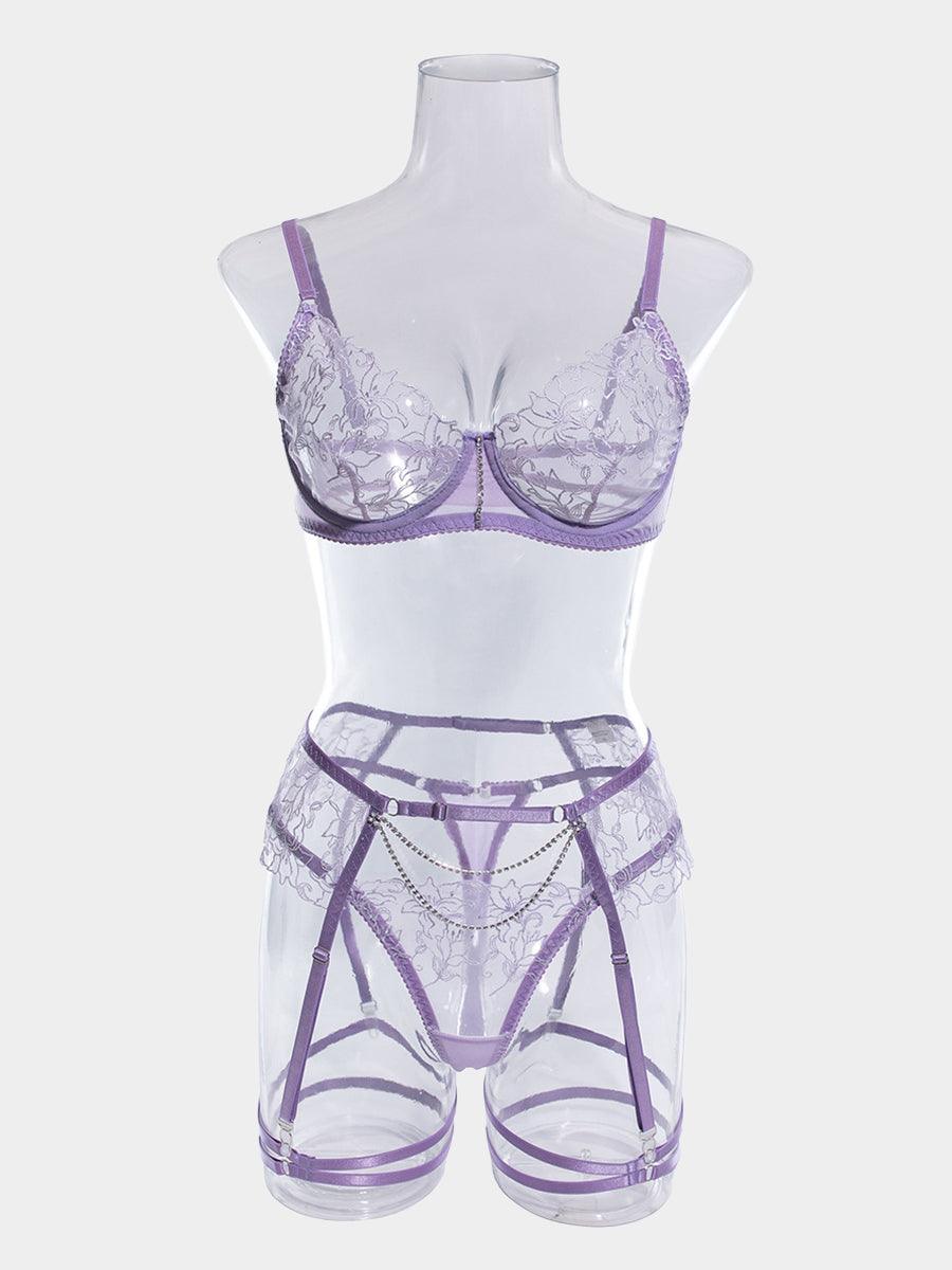 Embroidered Chain Lingerie Three-piece Set MSL045 - MISS ORD