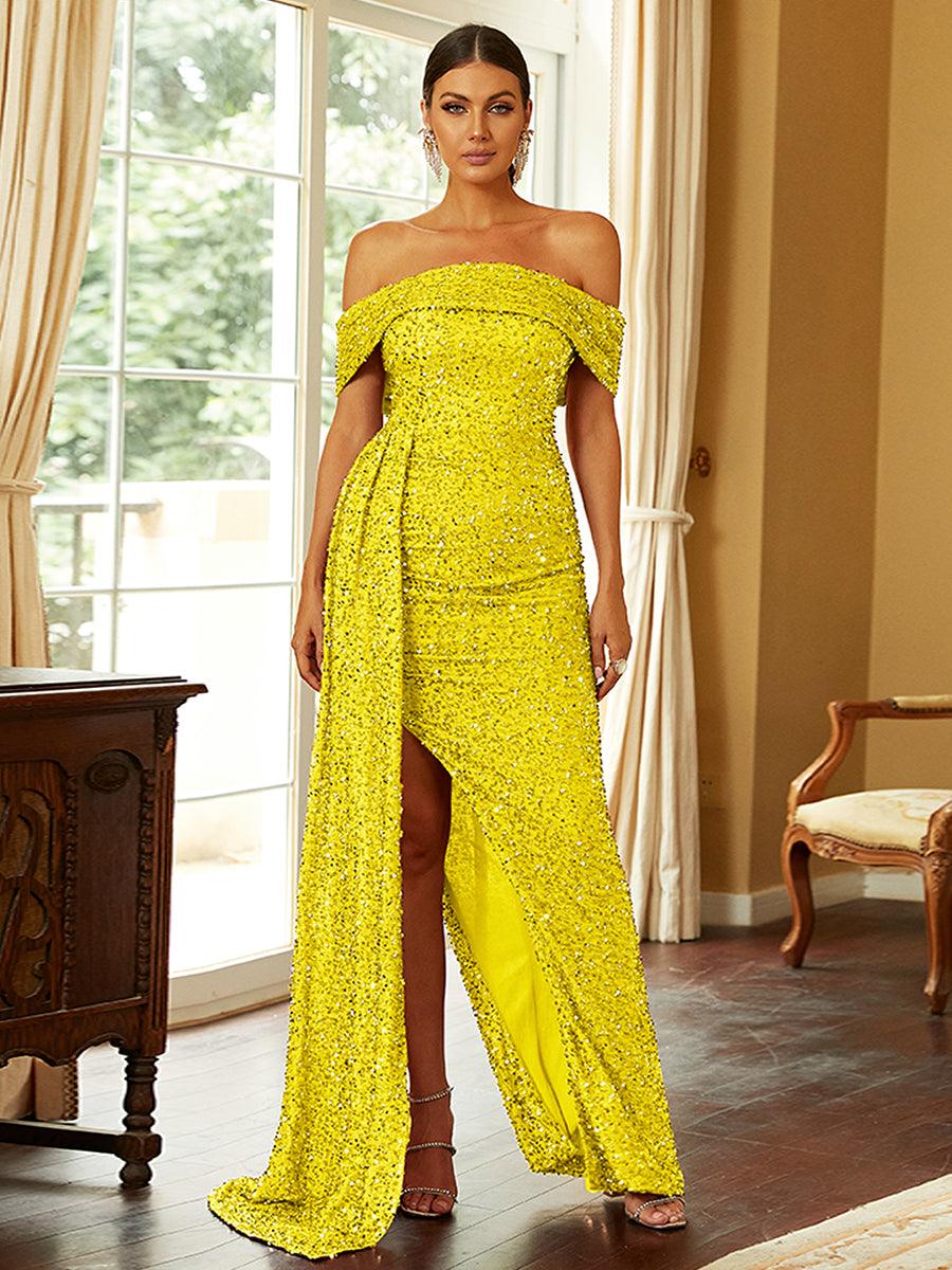 Off Shoulder Sequin High Split Prom Dress XH2132 - MISS ORD