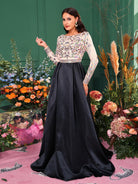 Formal A-Line Satin Panel Black Ball Gown RM20428