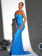 Tube Top Mermaid Bodycon Blue Sequin Gown RJ11315