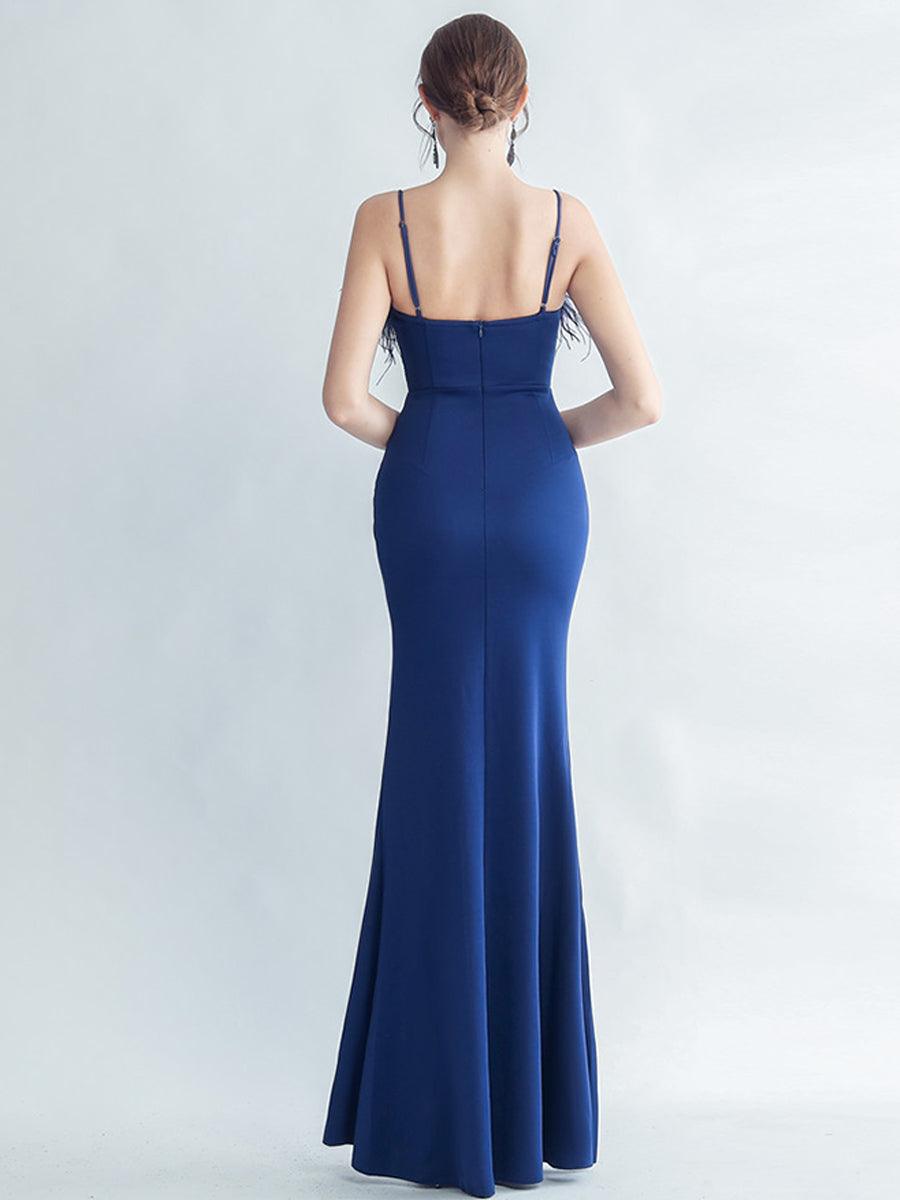 Feather Spaghetti Rhinestone Formal Dress GM90015 - MISS ORD