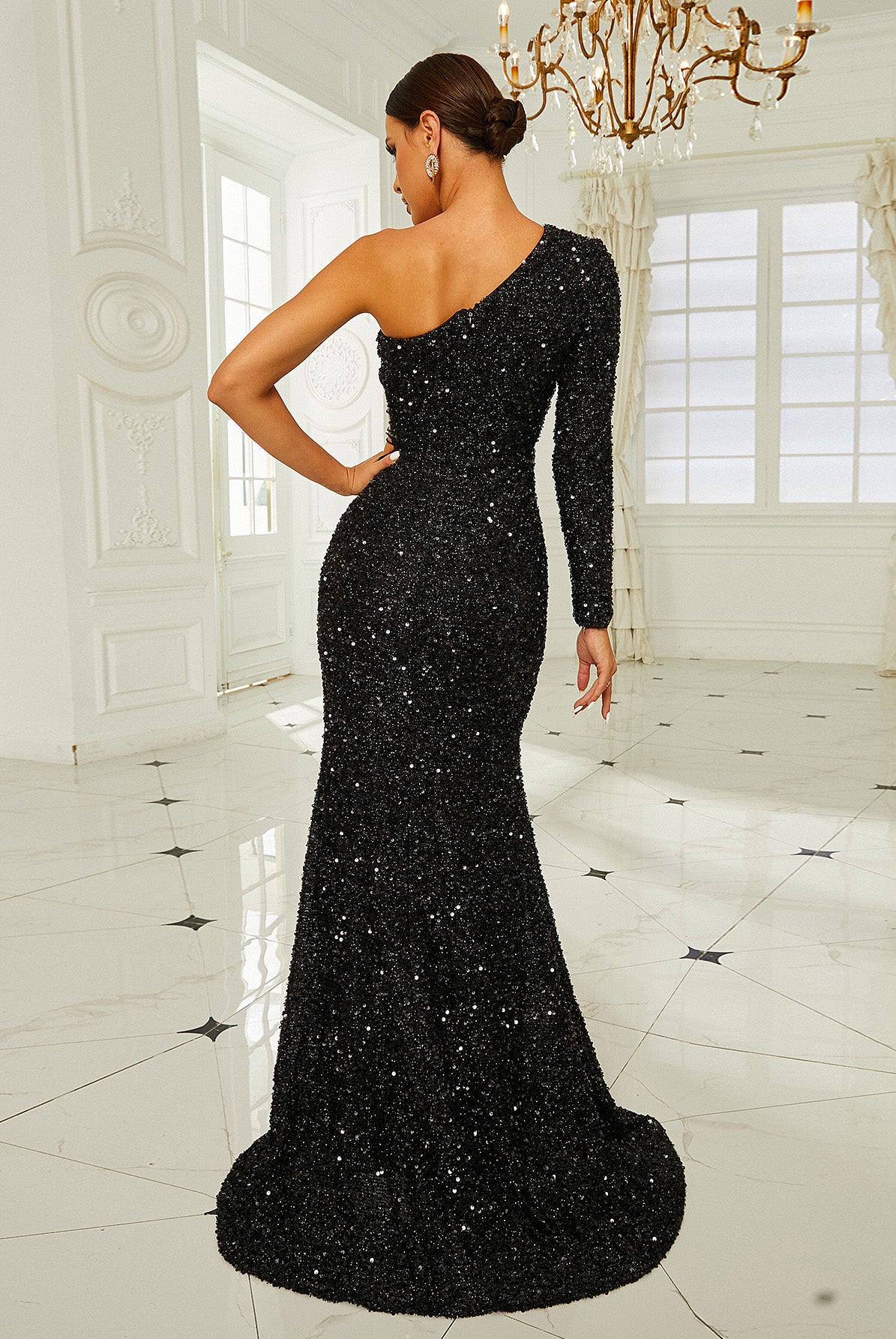Formal One Shoulder Cutout Sequin Black Prom Dress RJ10494