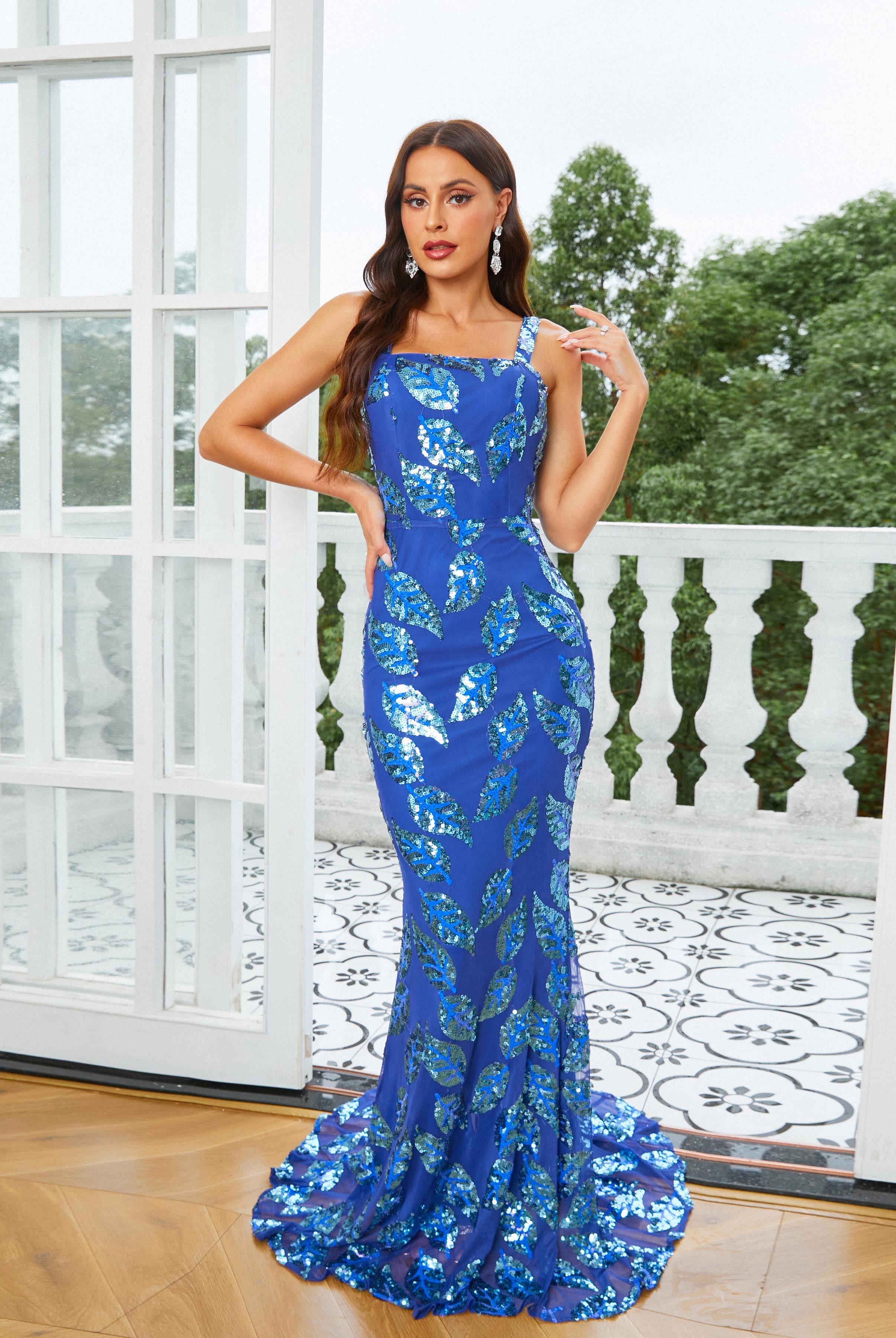 Formal Square Neck Sequin Mermaid Blue Evening Dress RM21009