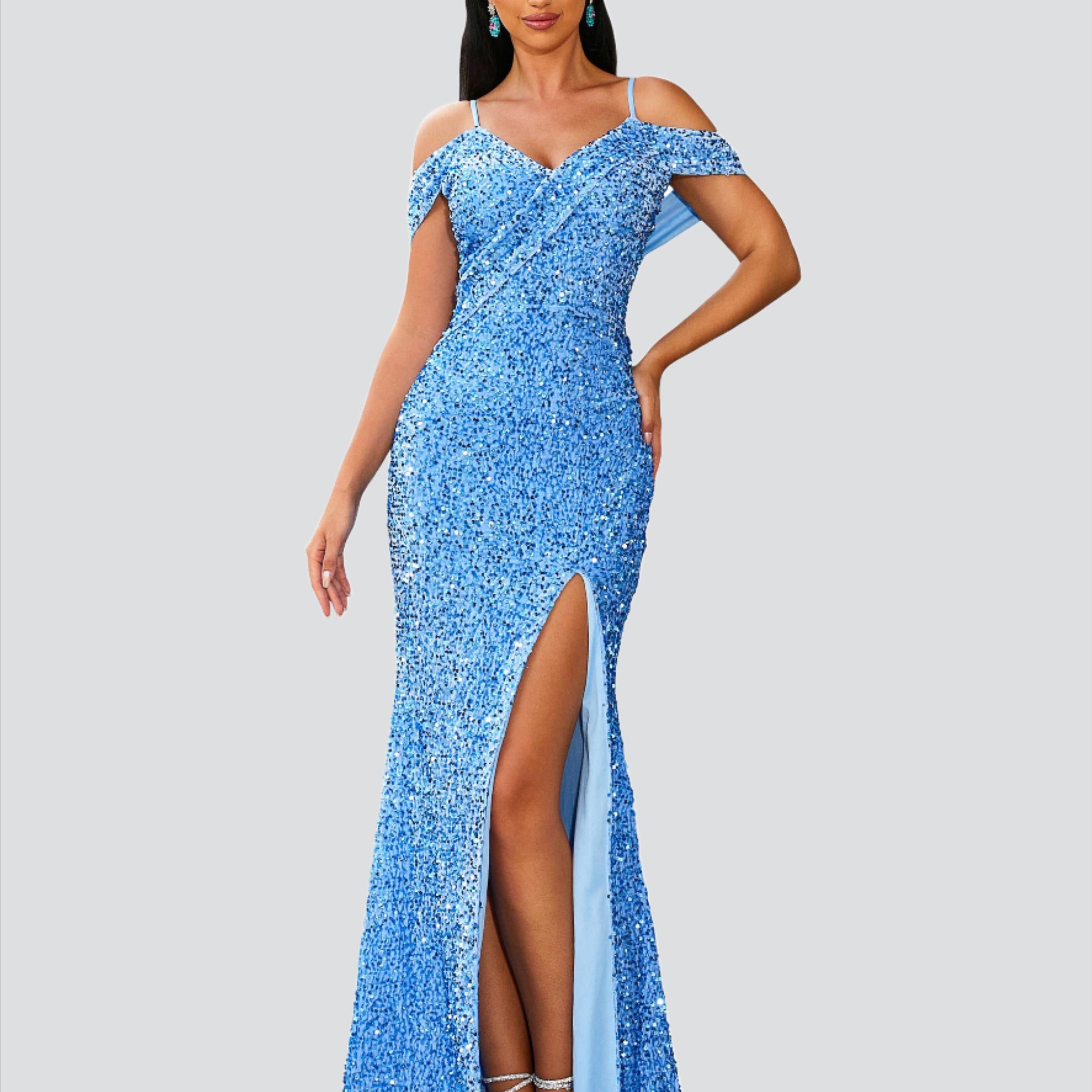 Cold Shoulder Blue Sequin Evening Dress RH30580