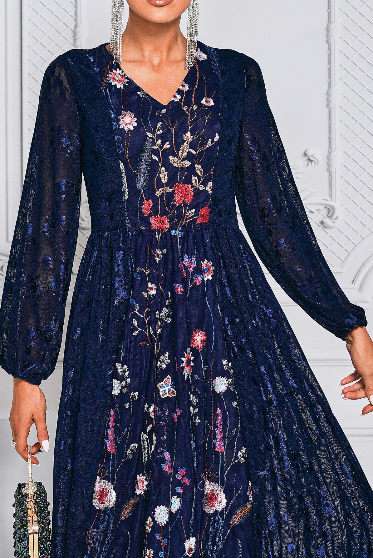 Butterfly Flower Embroidered Blue Mesh Dress