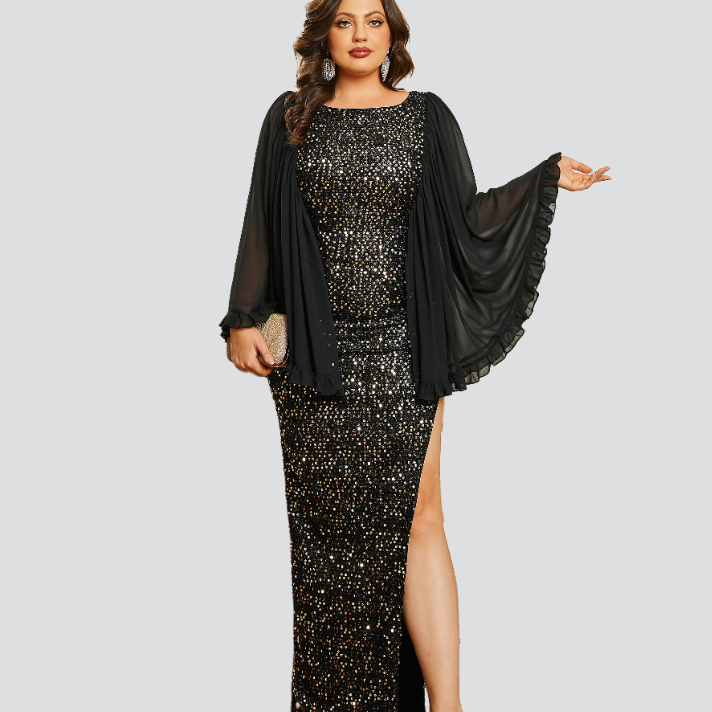 Plus Size Cape Sleeve High Split Black Prom Dress
