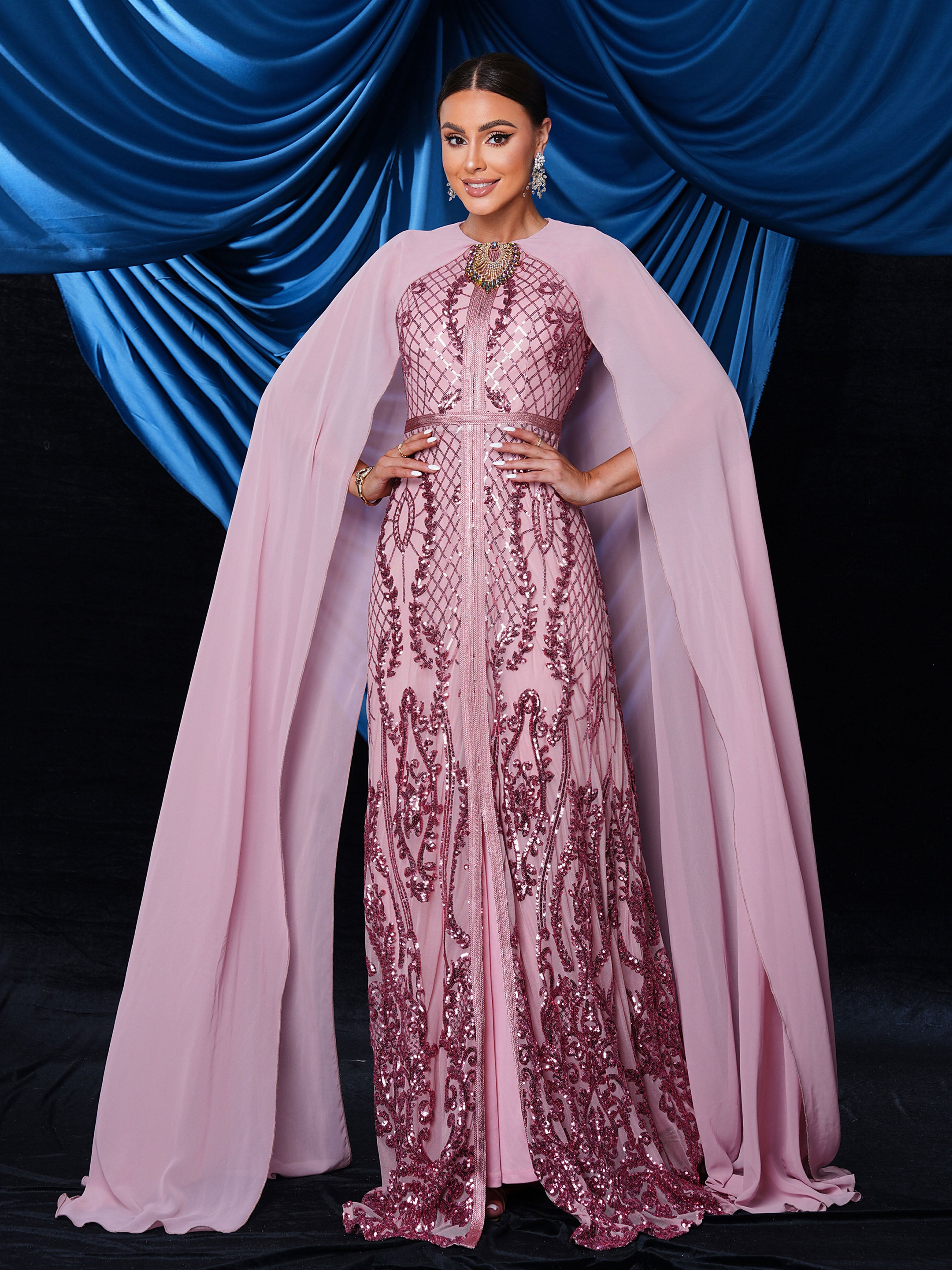 Metallic Embellished Collar Cape Sleeve Dress MES72011