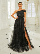 Formal Off Shoulder A-Line Tulle Black Ball Gown RA60246