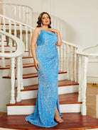 Plus Size Spaghetti Strap Sequin Blue Evening Dress PRA60002